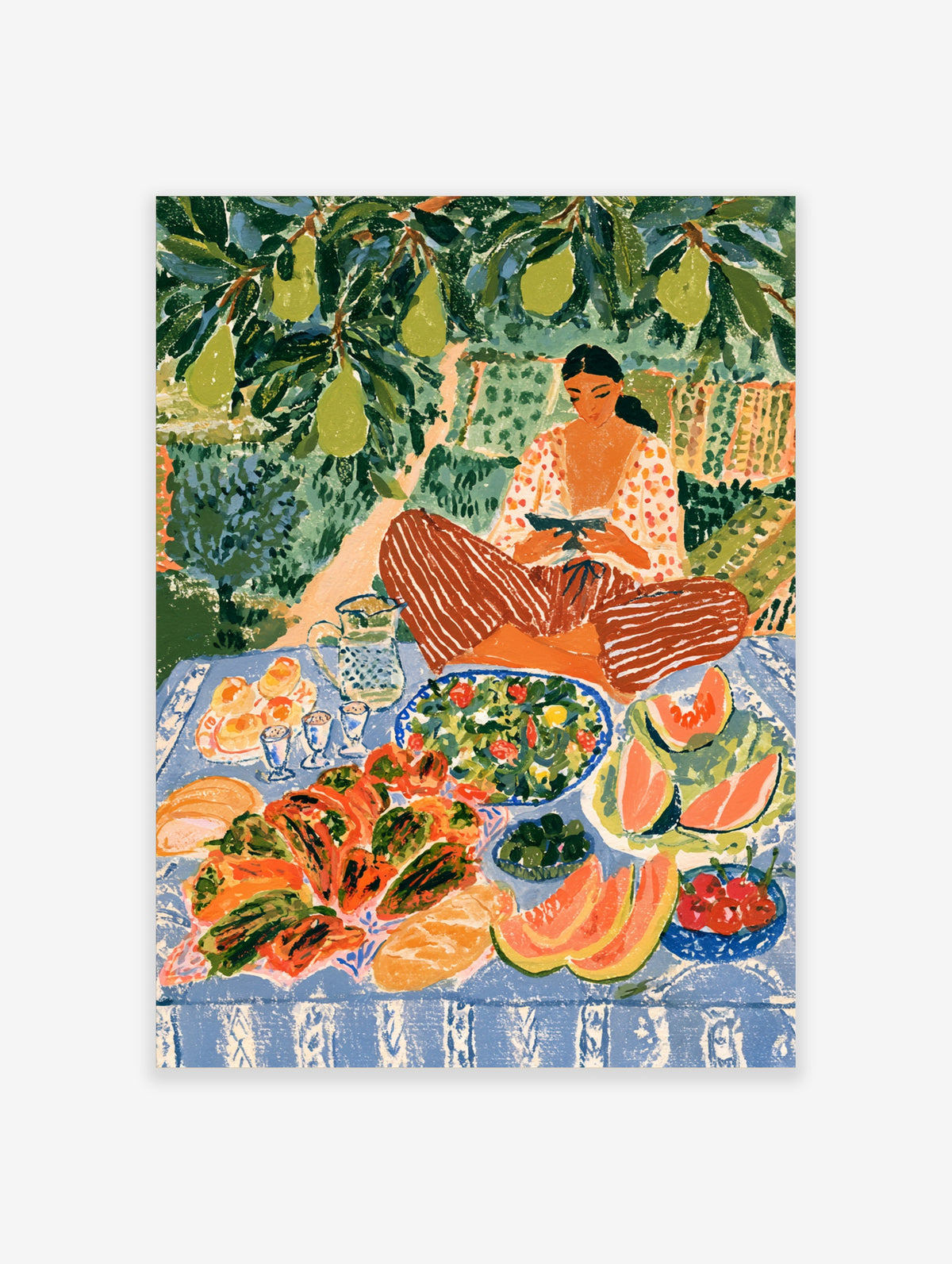 Colourful garden picnic poster with woman reading under pear trees, fruit and blue tablecloth