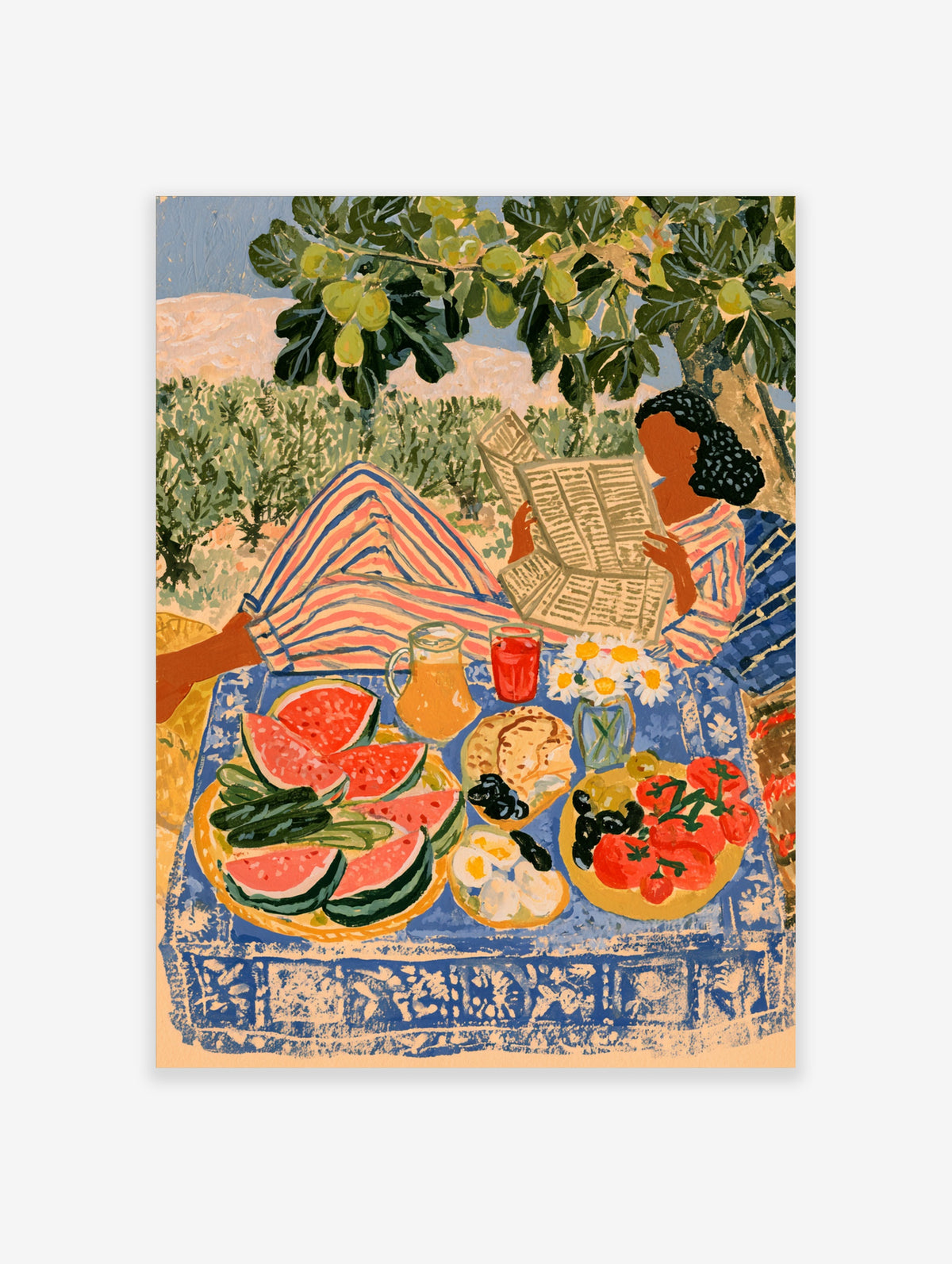 Mediterranean picnic poster with woman reading newspaper at table of watermelon and tomatoes
