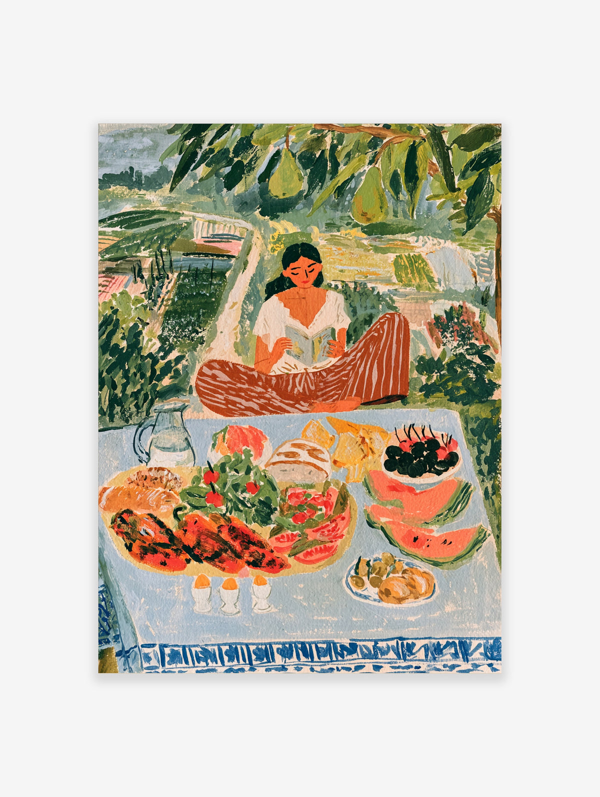Colourful picnic poster of a woman reading under a pear tree with a table of fruit, bread and olives