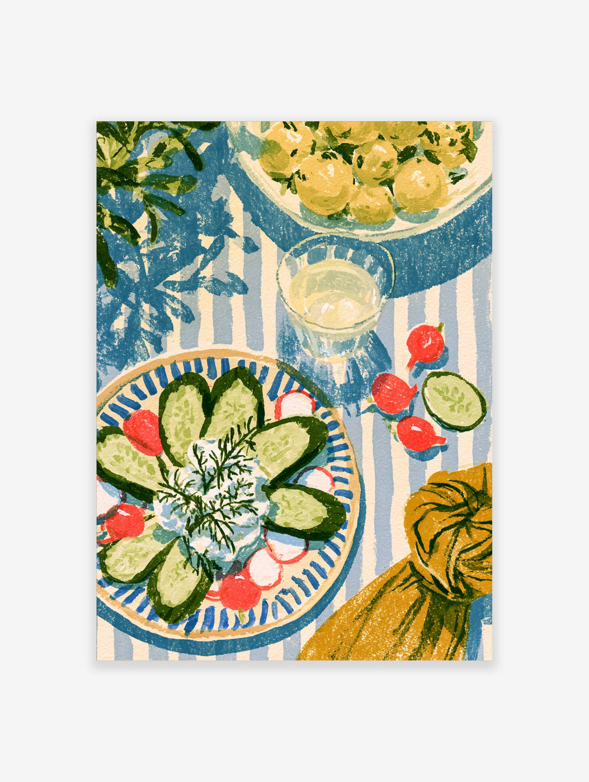 Mediterranean salad art print with cucumber, radish and dill on a blue striped tablecloth