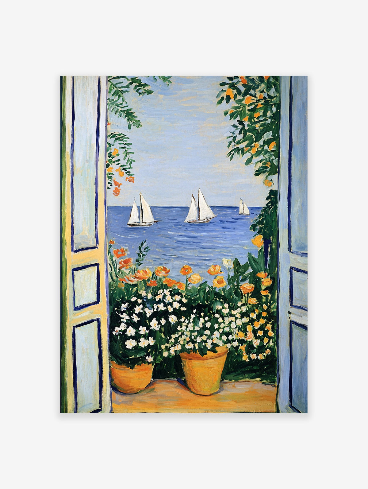 Vibrant Mediterranean sea view poster with open blue doors, potted white and orange flowers, and sailboats on blue water.
