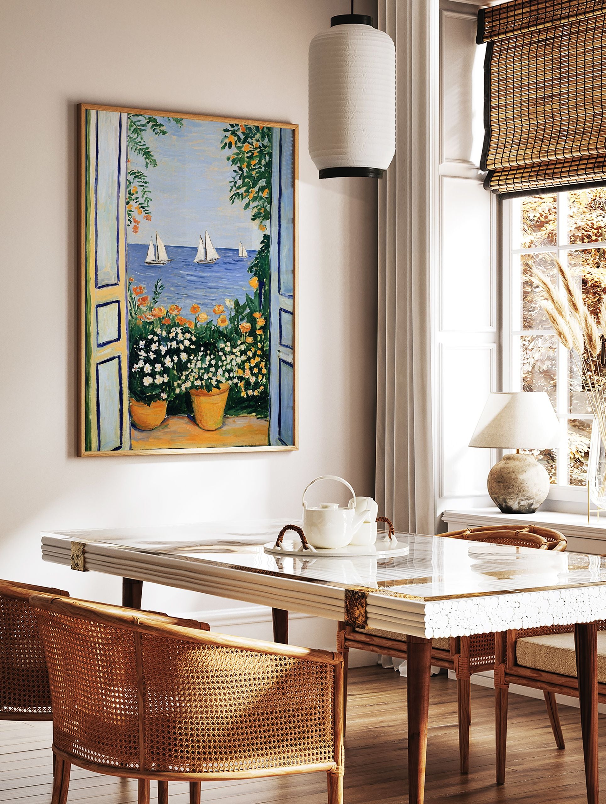 Vibrant Mediterranean sea view poster with open blue doors, potted white and orange flowers, and sailboats on blue water. - Image 2