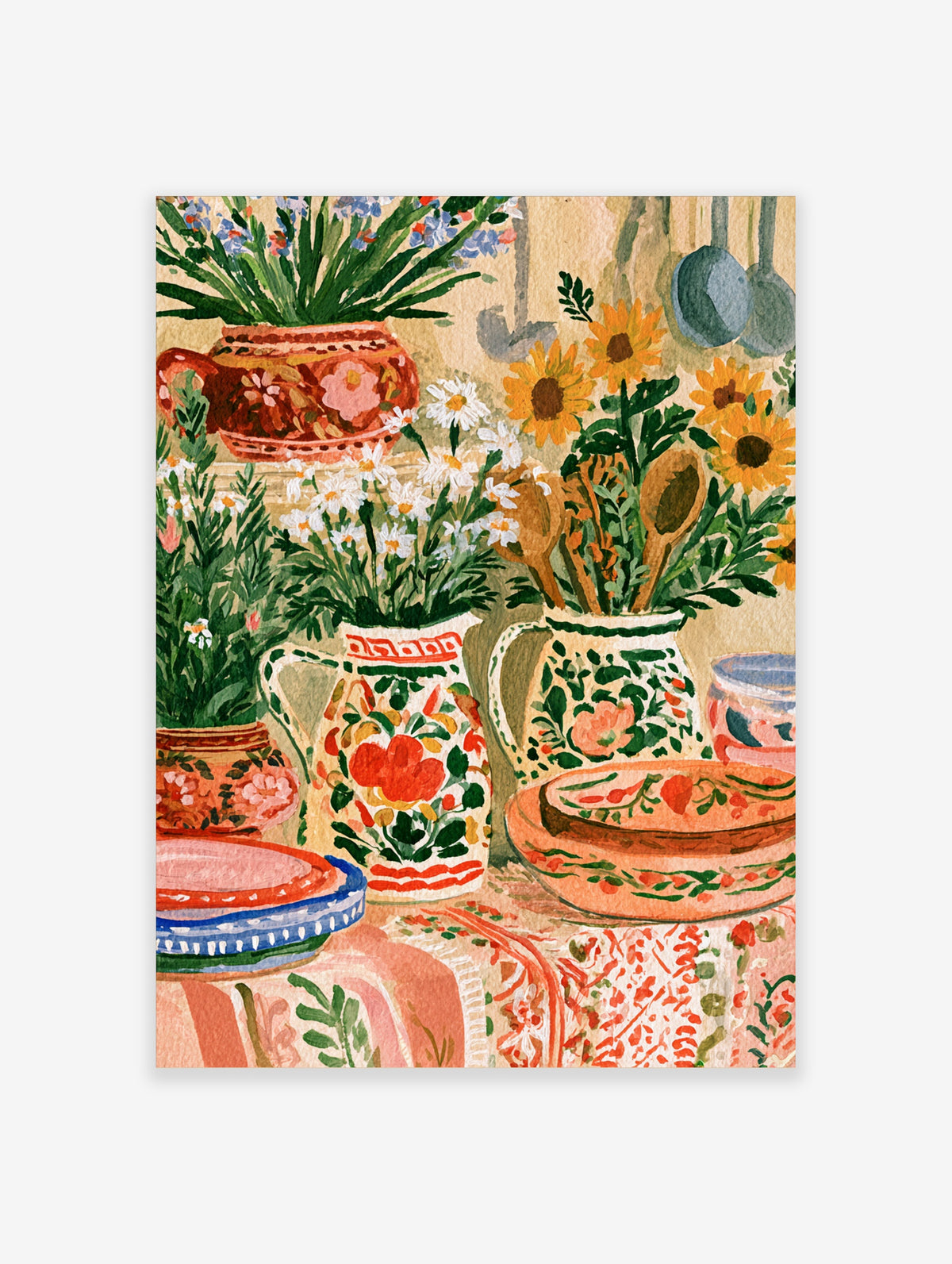 Mediterranean still life poster with painted jugs, sunflowers, daisies and patterned plates on a table