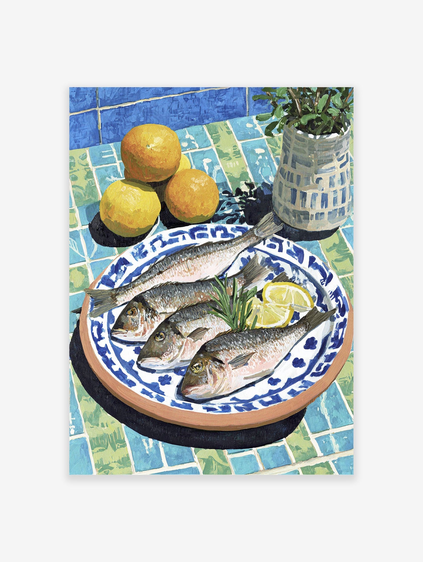 Mediterranean still life painting with four fish, lemon slices, oranges, and rosemary on a blue and green tiled table with a plant.