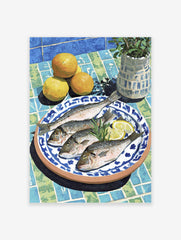 Mediterranean still life painting with four fish, lemon slices, oranges, and rosemary on a blue and green tiled table with a plant.
