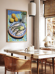 Mediterranean still life painting with four fish, lemon slices, oranges, and rosemary on a blue and green tiled table with a plant. - Image 3