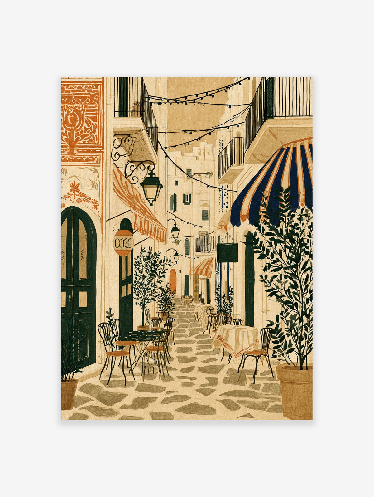 Mediterranean street poster of cobbled alley with cafe tables, striped awnings and potted olive trees