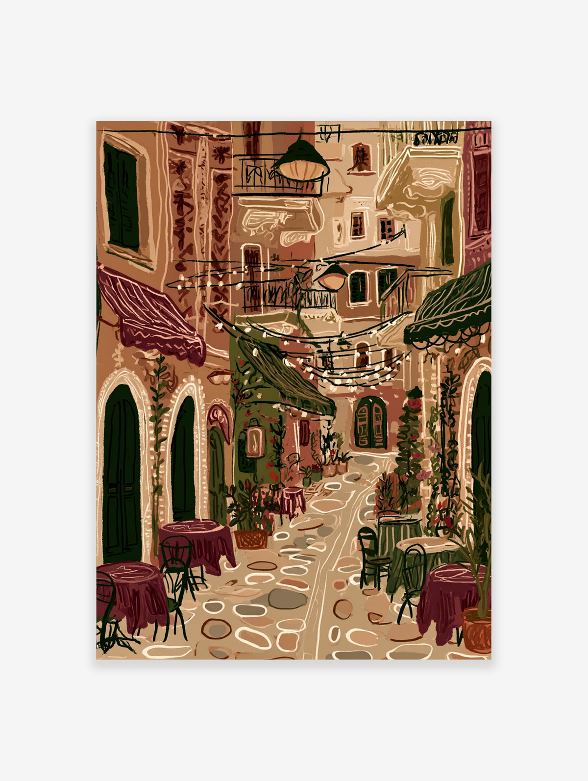 Mediterranean street poster with cobbled alleyway, green awnings, cafe tables, and string lights