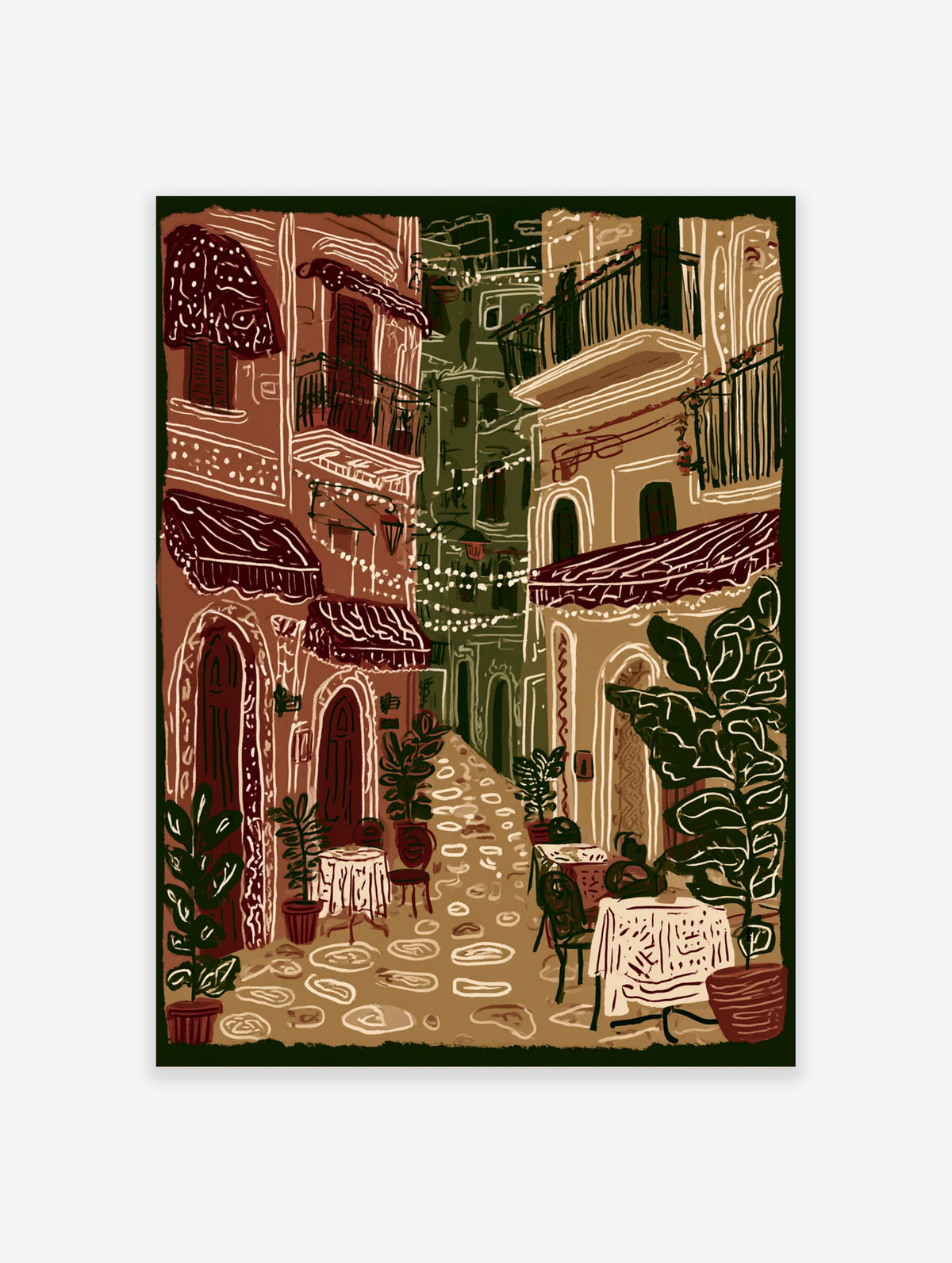 Mediterranean street poster of a cobbled alleyway with cafe tables, plants, awnings, and string lights in warm terracotta