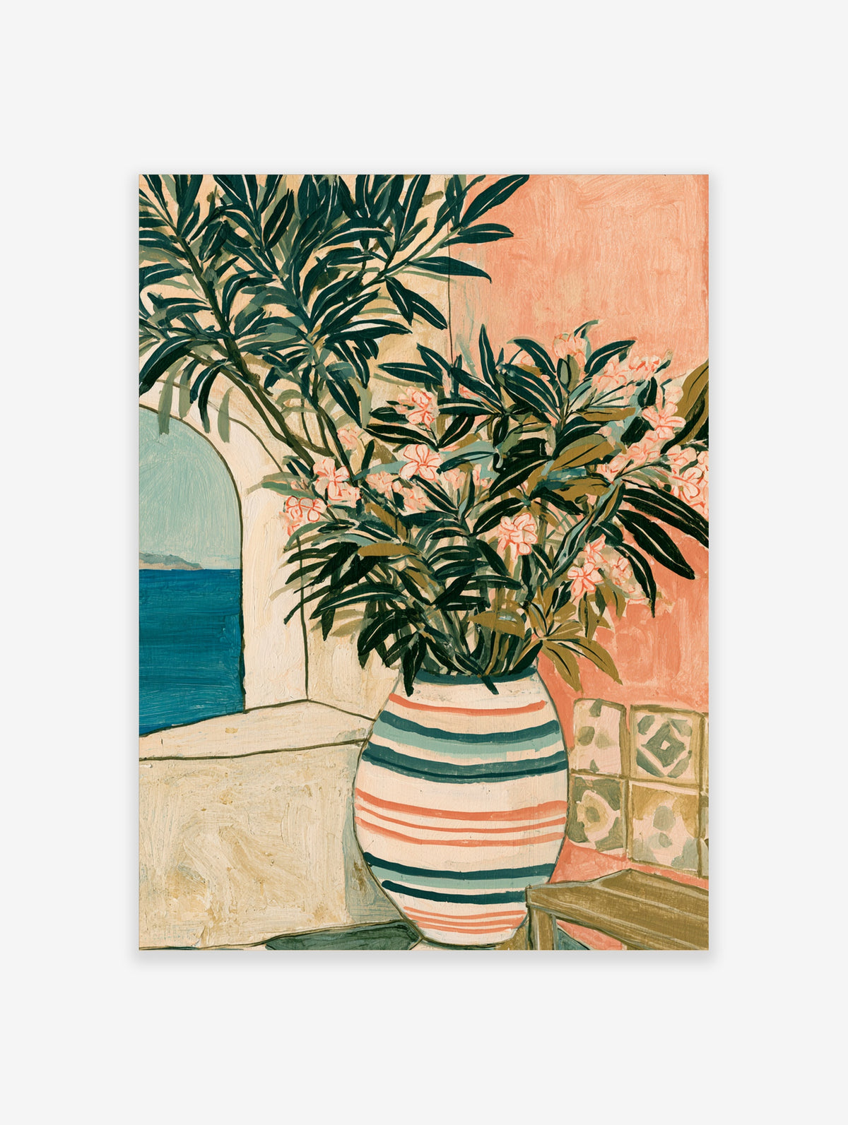Mediterranean striped vase poster with dark green leaves, pink flowers, peach wall, and blue sea view