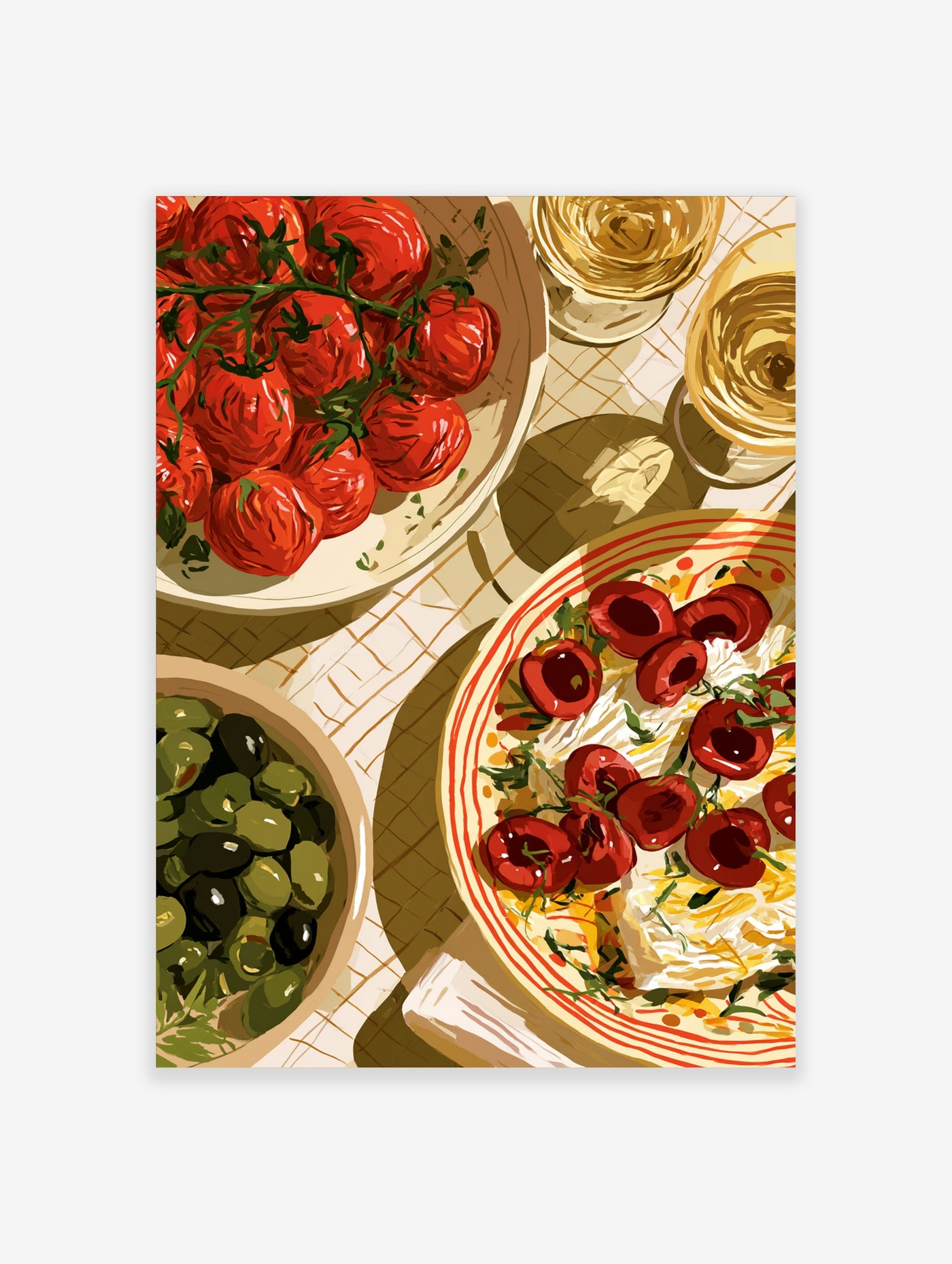 Illustrative food wall art print showing cherry tomatoes, olives, and cherries on a table, warm palette, top-down view