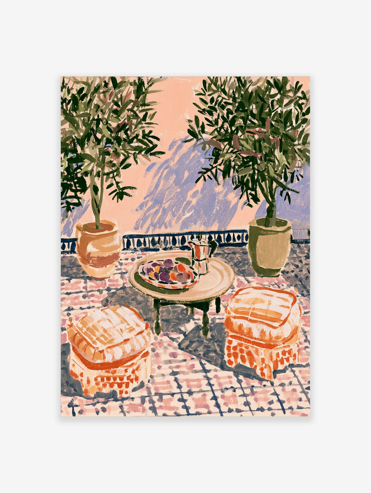 Mediterranean terrace poster with olive trees, fruit bowl, and striped poufs on tiled patio