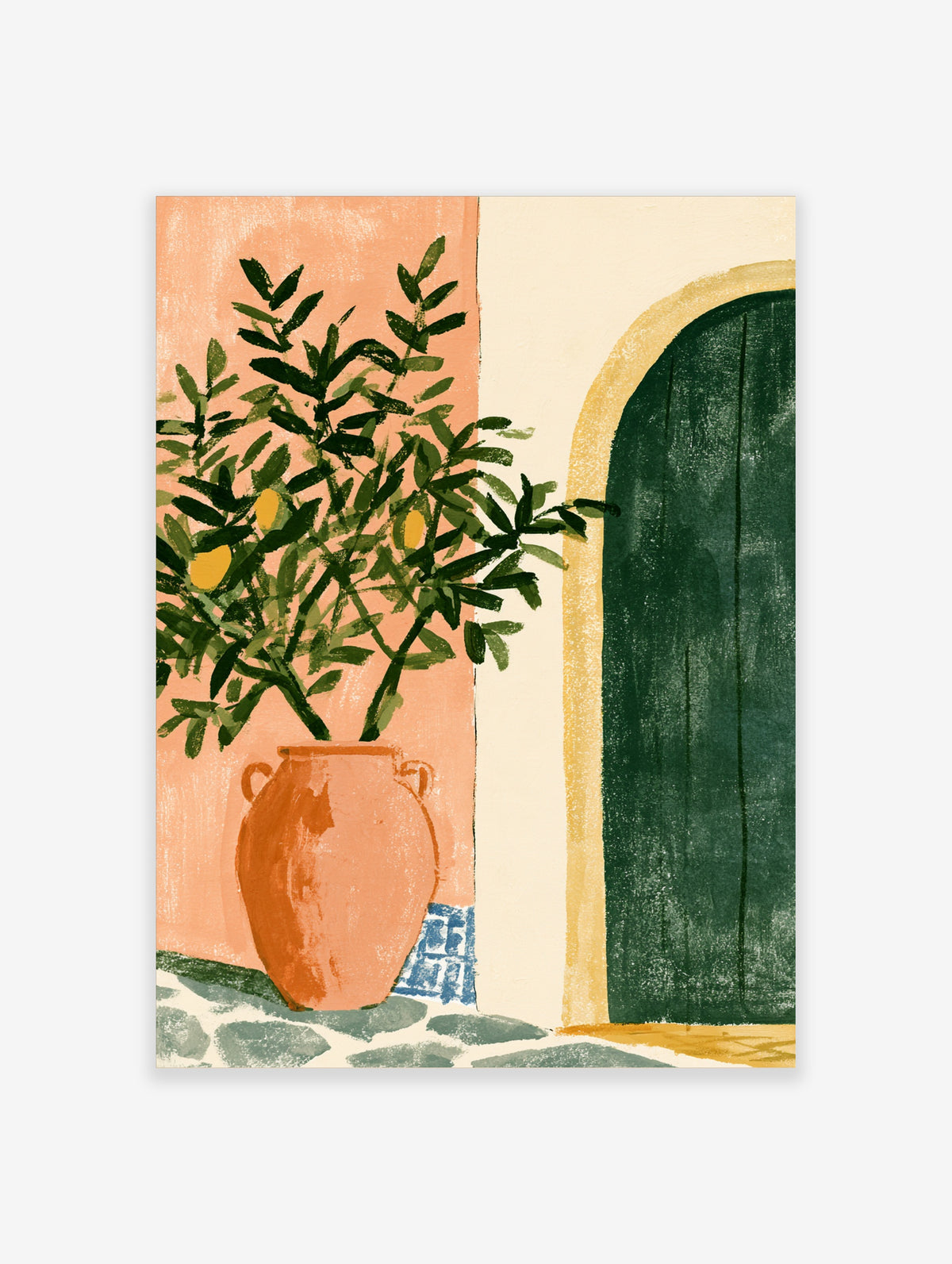 Mediterranean poster of a terracotta pot with a lemon tree beside a green arched door and peach wall