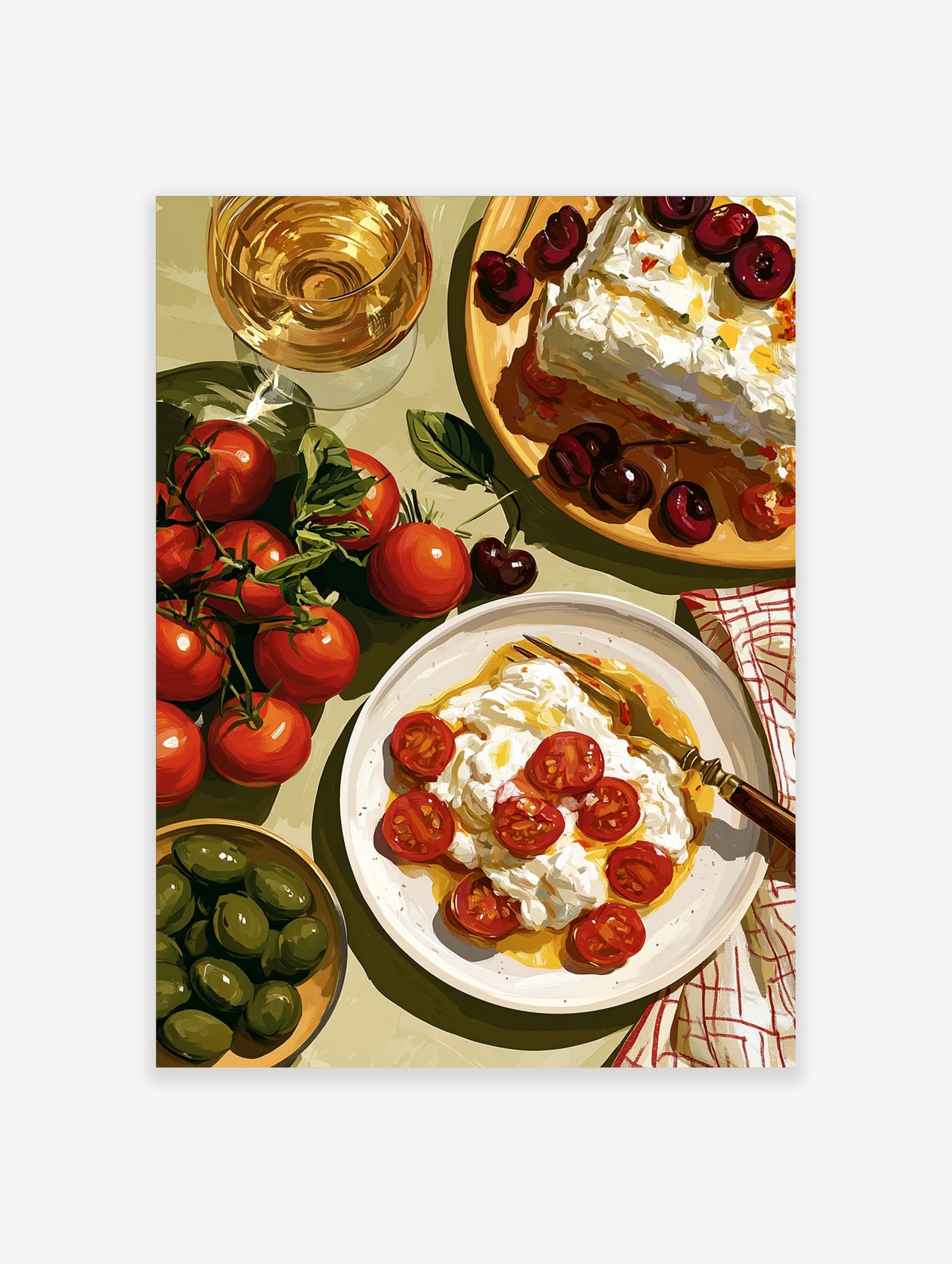Illustrative Mediterranean food print featuring red tomatoes, green olives, wine, and cherry cake on a table