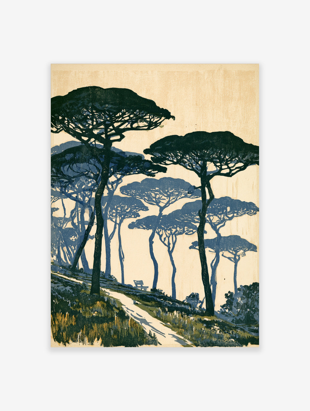 Mediterranean umbrella pine trees on a sloping path with a bench, blue and cream coastal landscape art print
