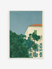 Mediterranean villa with red roof, green shutters, lush palm trees, and blue floral patterns against a blue sky