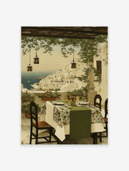 Mediterranean coastal village painting with white buildings, blue sea, and an inviting dining patio scene.