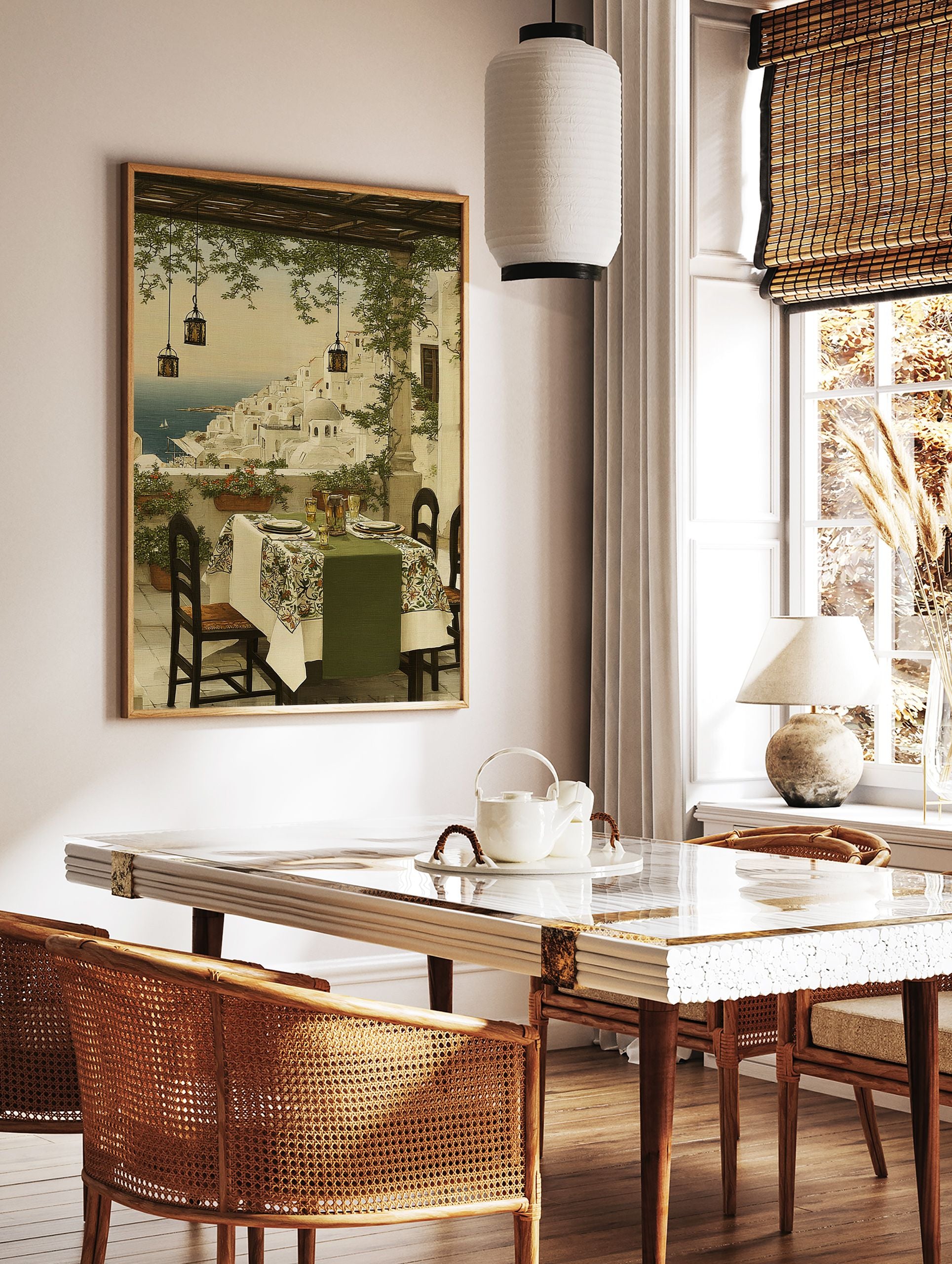 Mediterranean coastal village painting with white buildings, blue sea, and an inviting dining patio scene. - Image 2