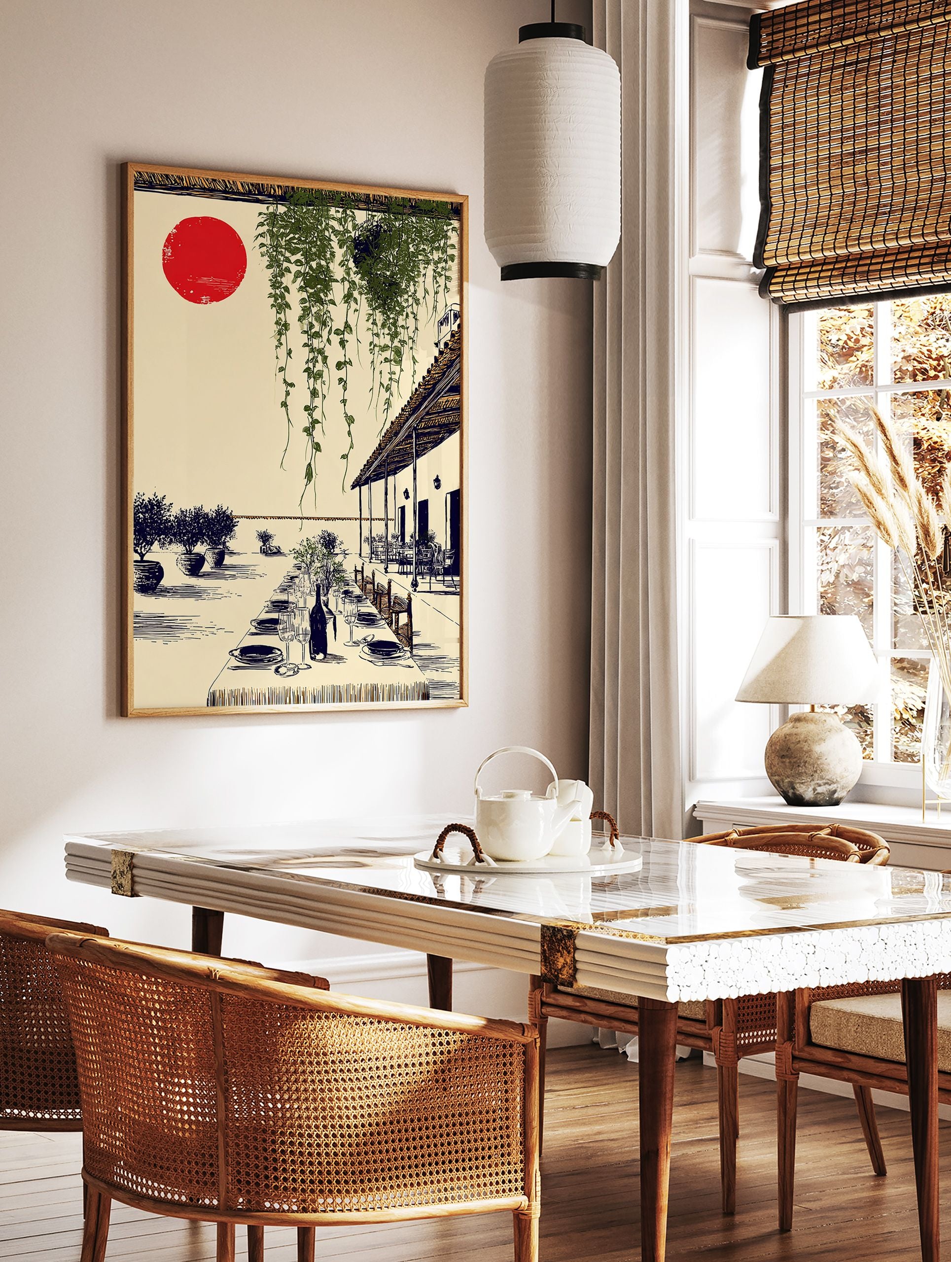 Mediterranean wall art illustration of an outdoor dining patio with a long table, green vines, and a red sun. - Image 2