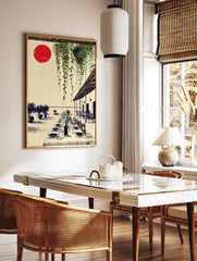 Mediterranean wall art illustration of an outdoor dining patio with a long table, green vines, and a red sun. - Image 2