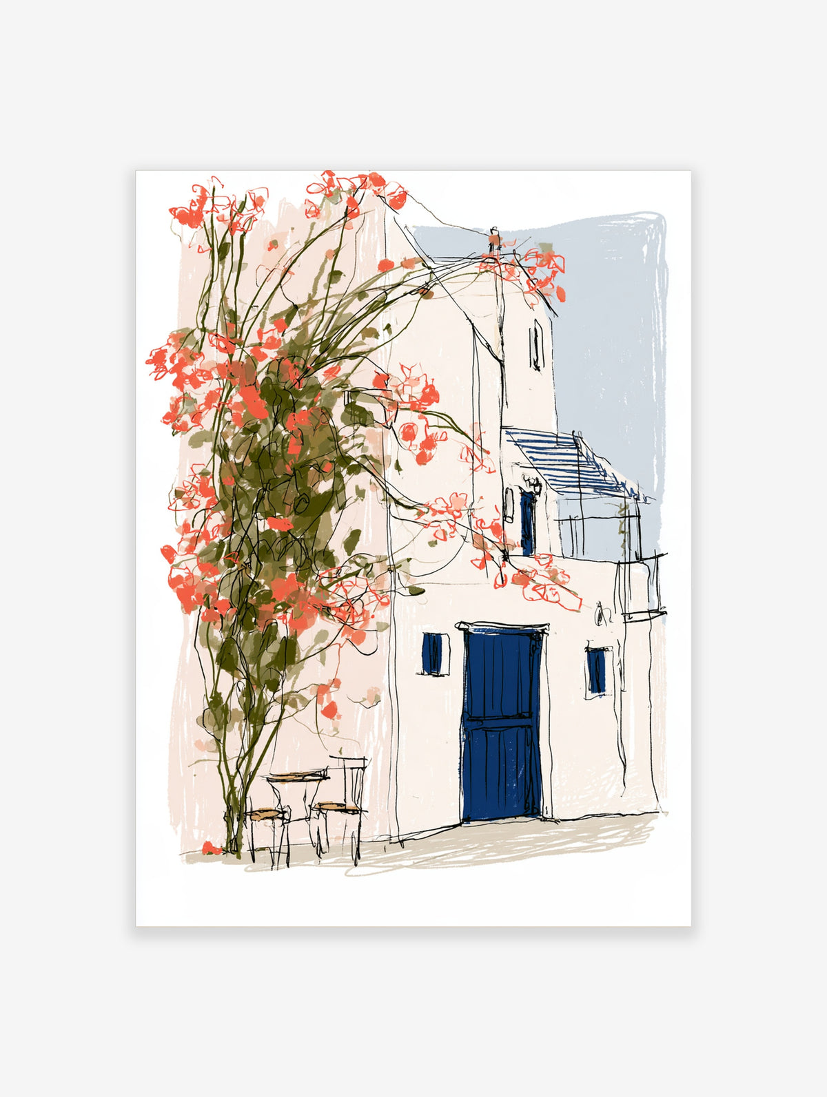 Mediterranean building with blue door and bougainvillea illustration art print