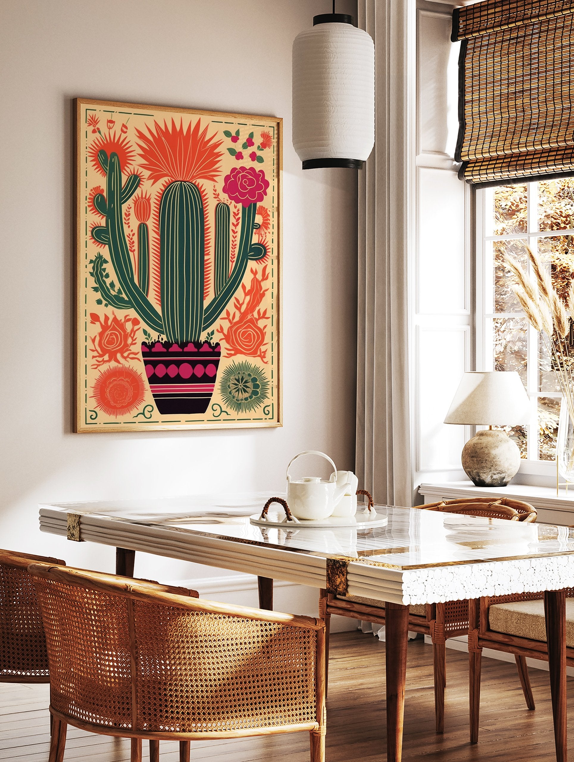 Mexican cactus poster with vibrant red, green, and pink botanical illustration in a folk art style. - Image 2