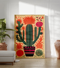 Mexican cactus poster with vibrant red, green, and pink botanical illustration in a folk art style. - Image 3