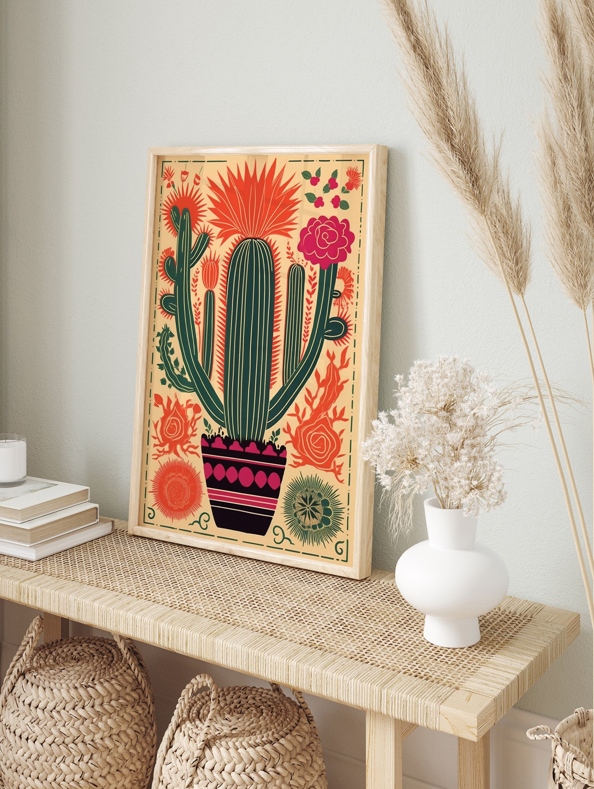 Mexican cactus poster with vibrant red, green, and pink botanical illustration in a folk art style. - Image 4