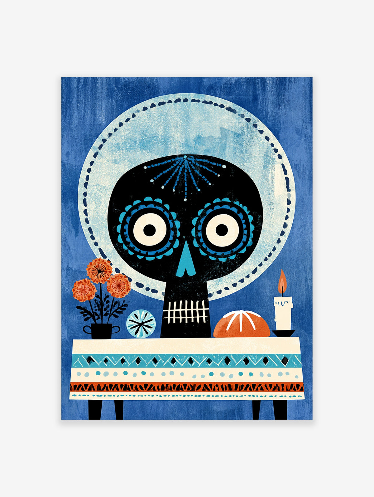 Blue Mexican Day of the Dead skull poster with black calavera, marigolds, candle and bread on a patterned table