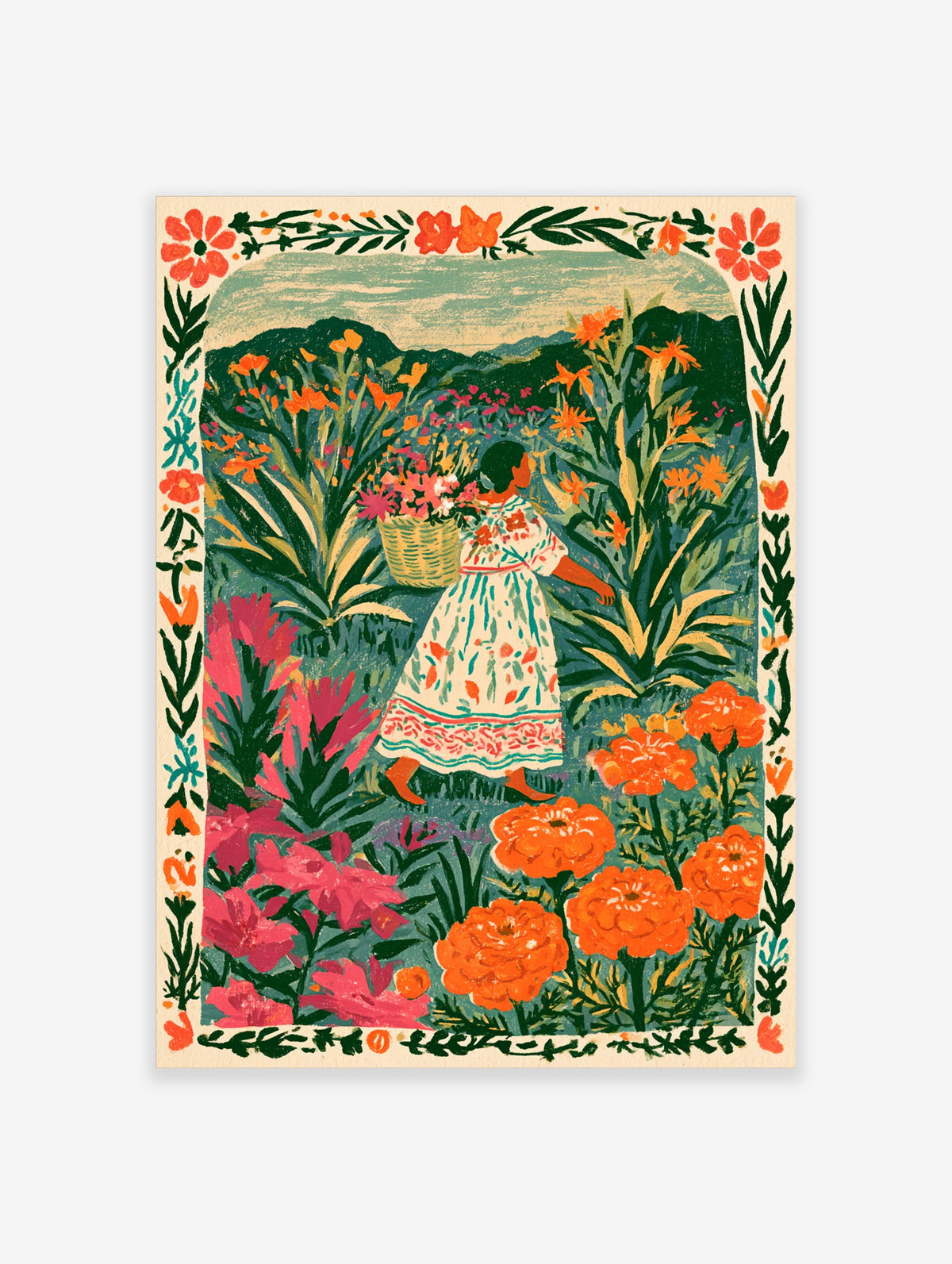 Colourful folk art poster of a woman carrying a flower basket in a marigold field with green mountains