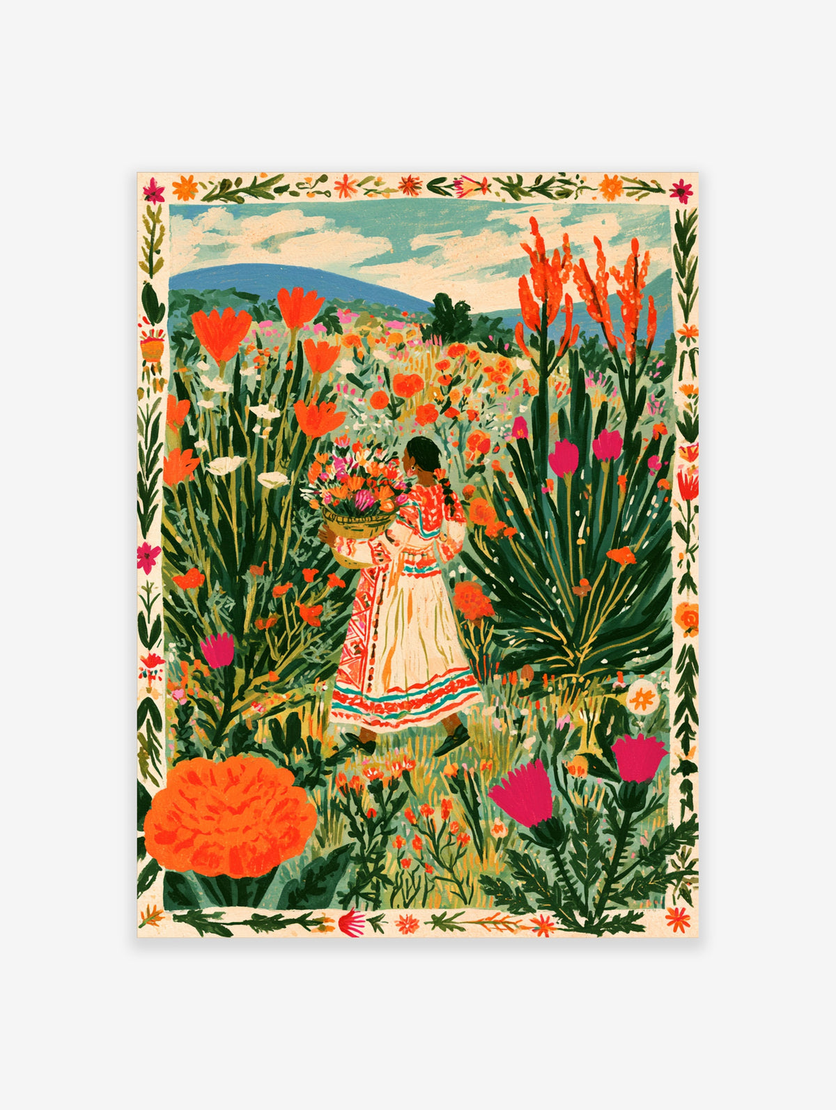 Colourful folk art poster of a woman carrying flowers in a Mexican flower field with floral border