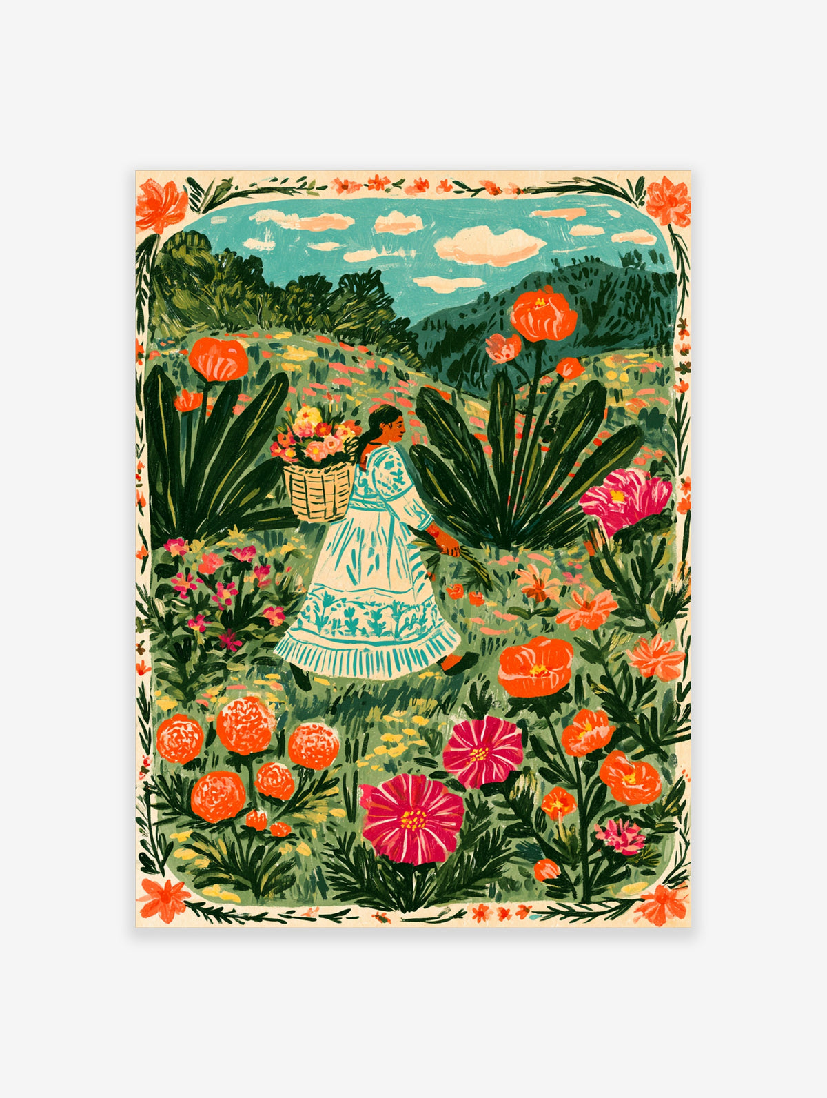 Colourful Mexican flower field poster with a woman carrying a flower basket among orange and pink blooms