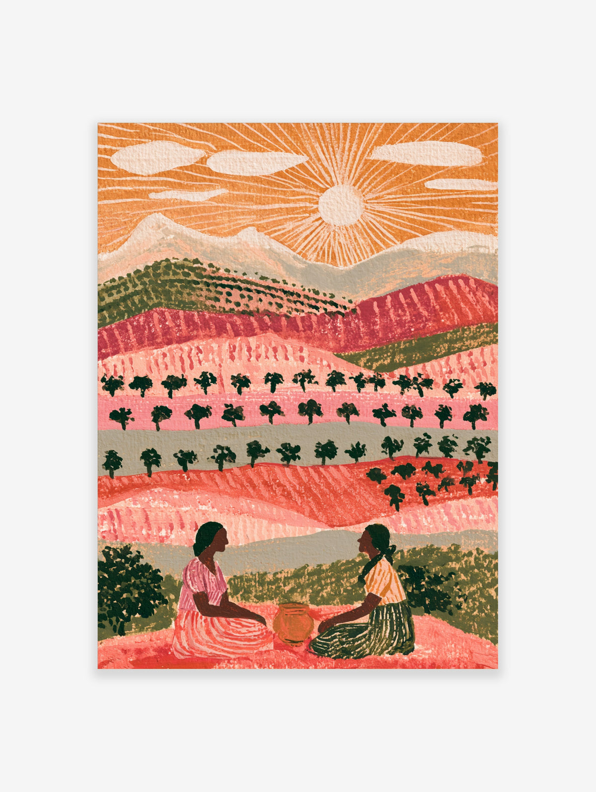 Mexican folk art print of two women seated with a clay pot in pink fields under a radiant sun