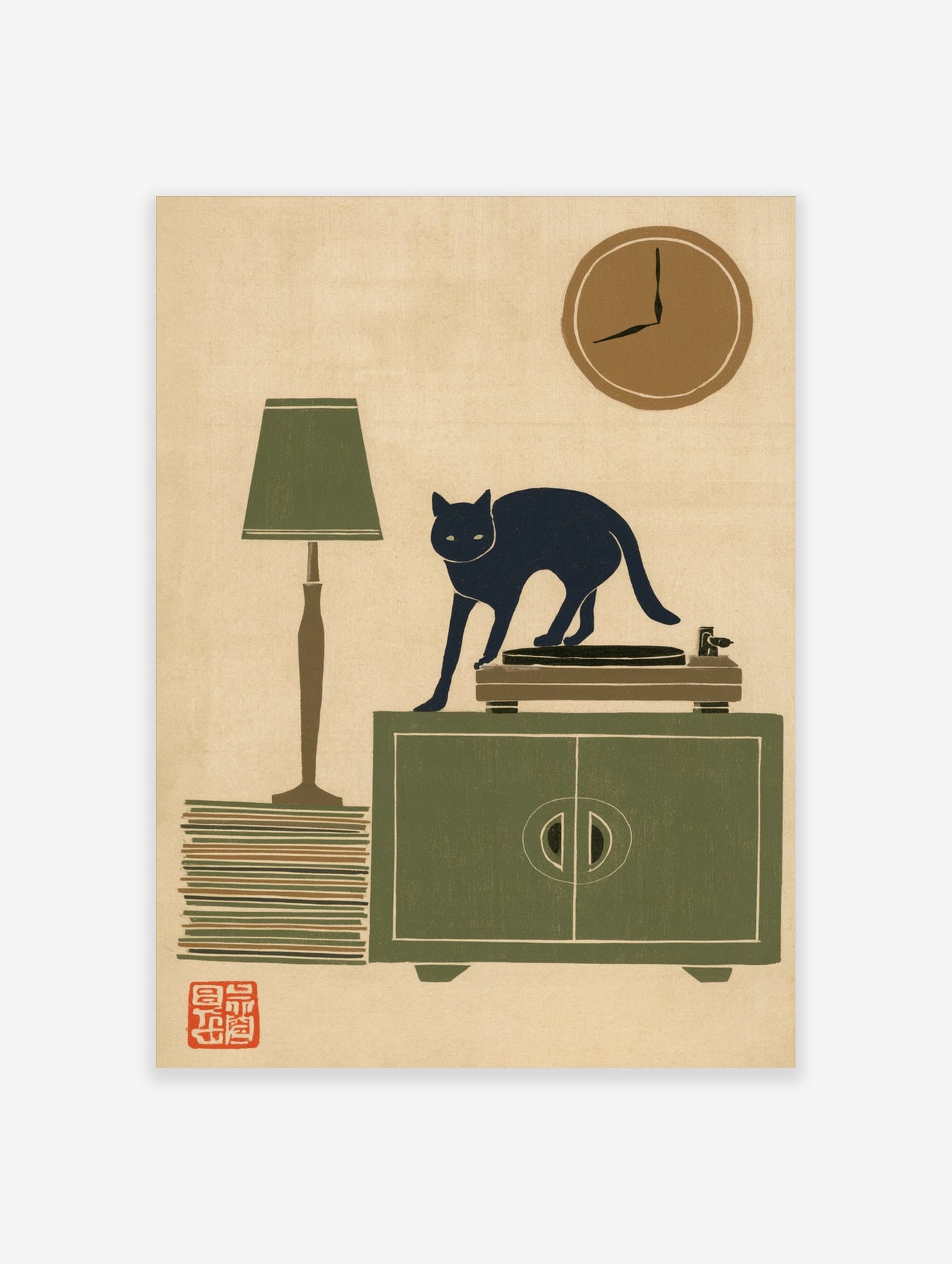 Stylised illustration of a black cat on a record player next to a green lamp and a stack of vinyl records