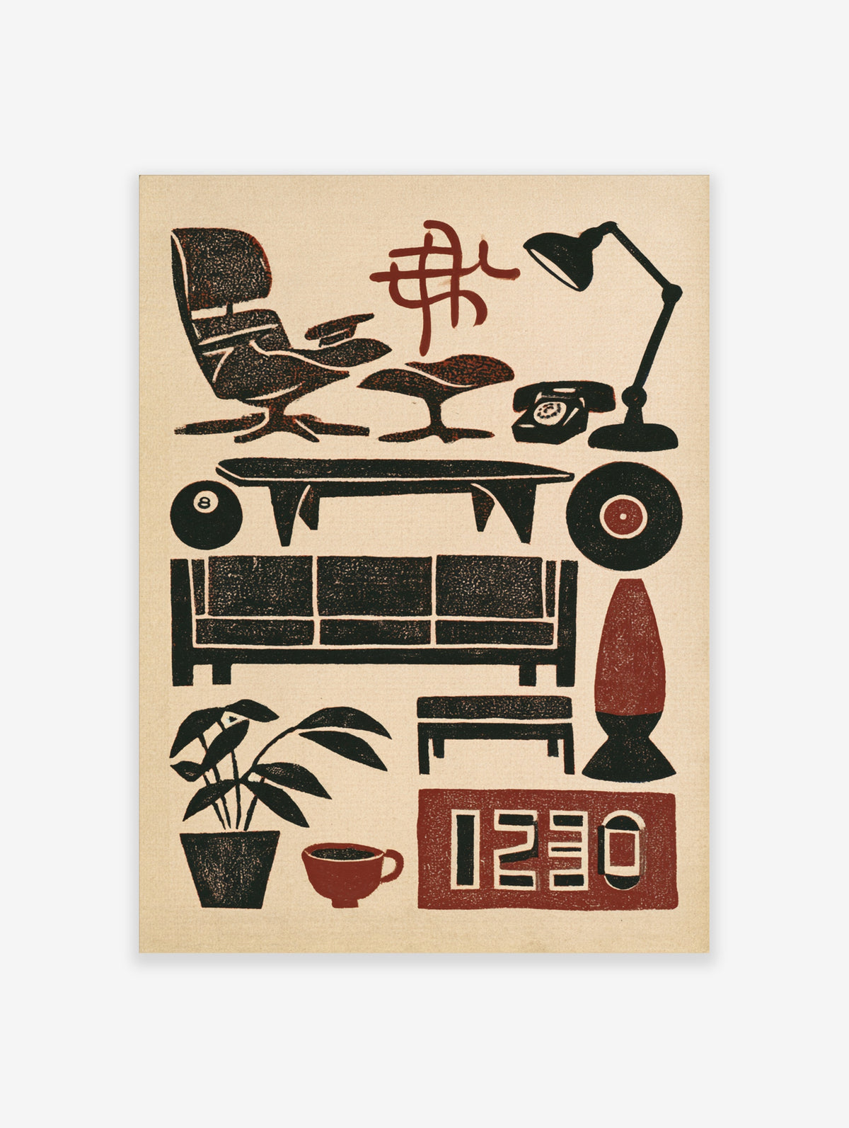 Mid century modern furniture poster with lounge chair, sofa, record player and clock in black and red on beige