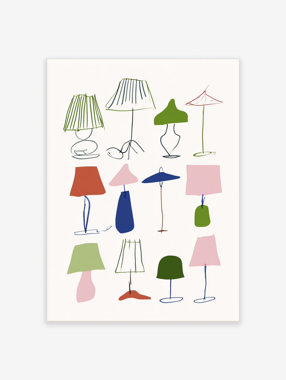 Colourful mid-century modern lamp illustration poster with twelve hand-drawn lighting designs on white background