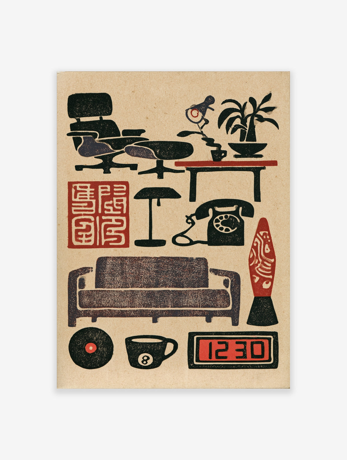 Mid century modern poster with lounge chair, sofa, rotary phone, clock, and red seal on beige background