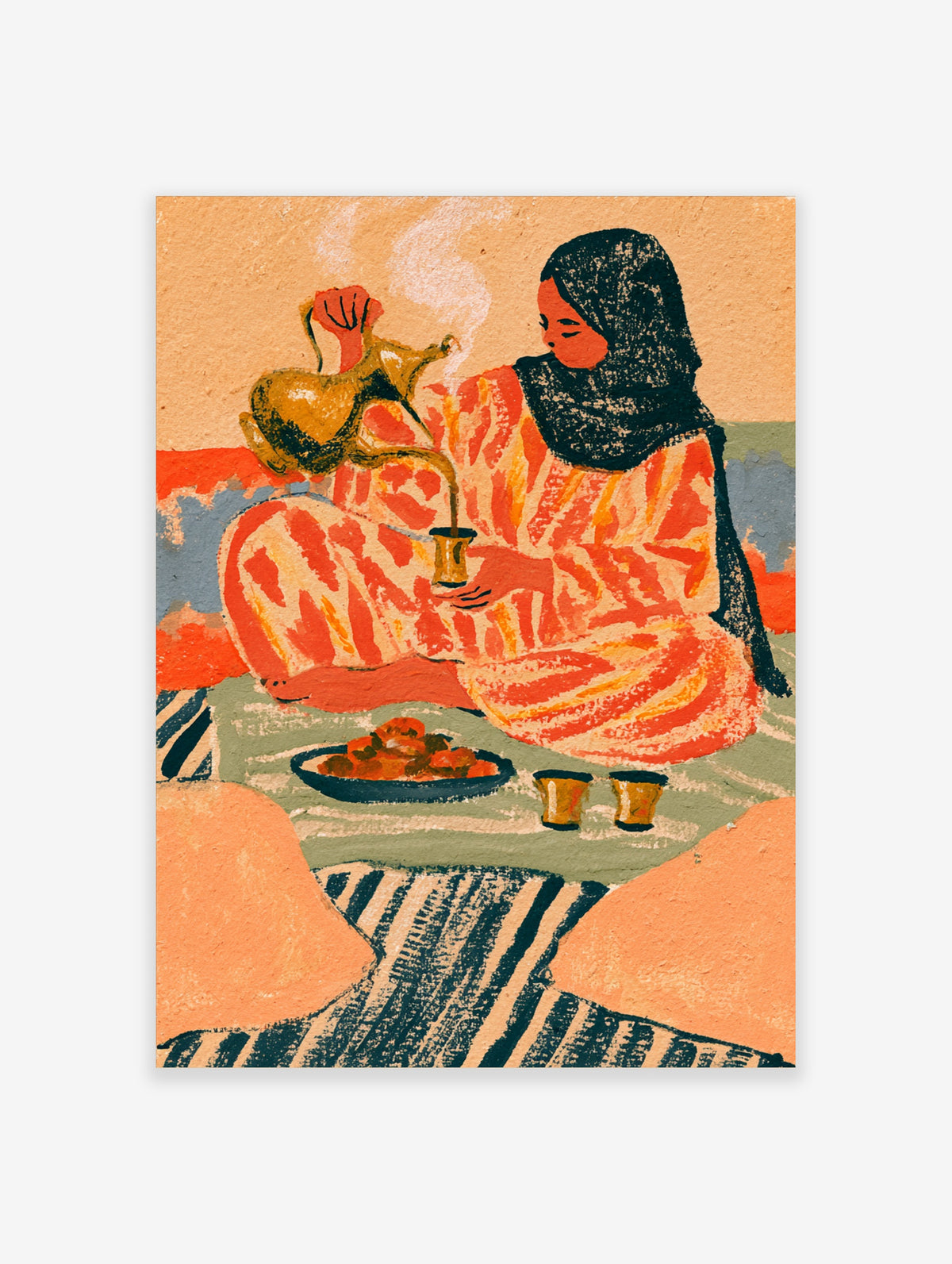 Middle Eastern coffee poster of a woman pouring from a gold dallah into a cup, with dates and cups on a striped rug