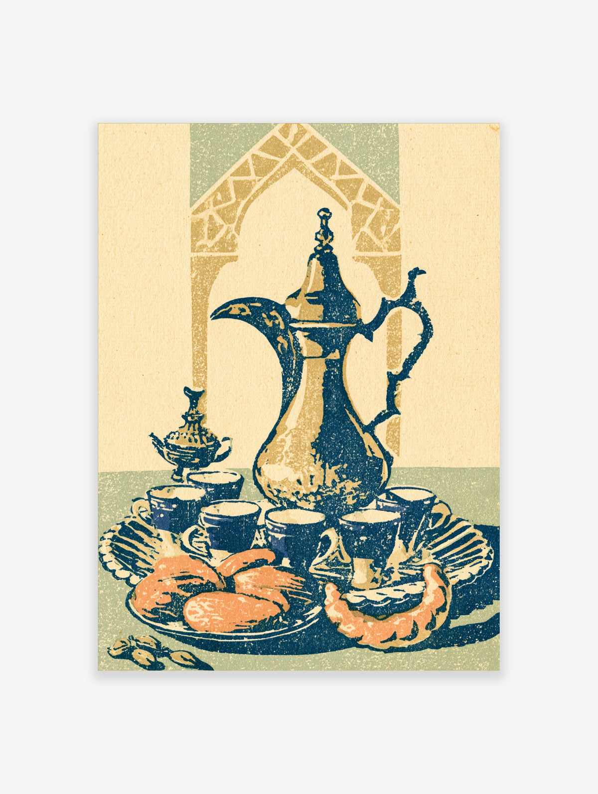 Middle Eastern coffee pot poster with brass dallah, cups, dates, and orange fruit on a tray against a decorative arch
