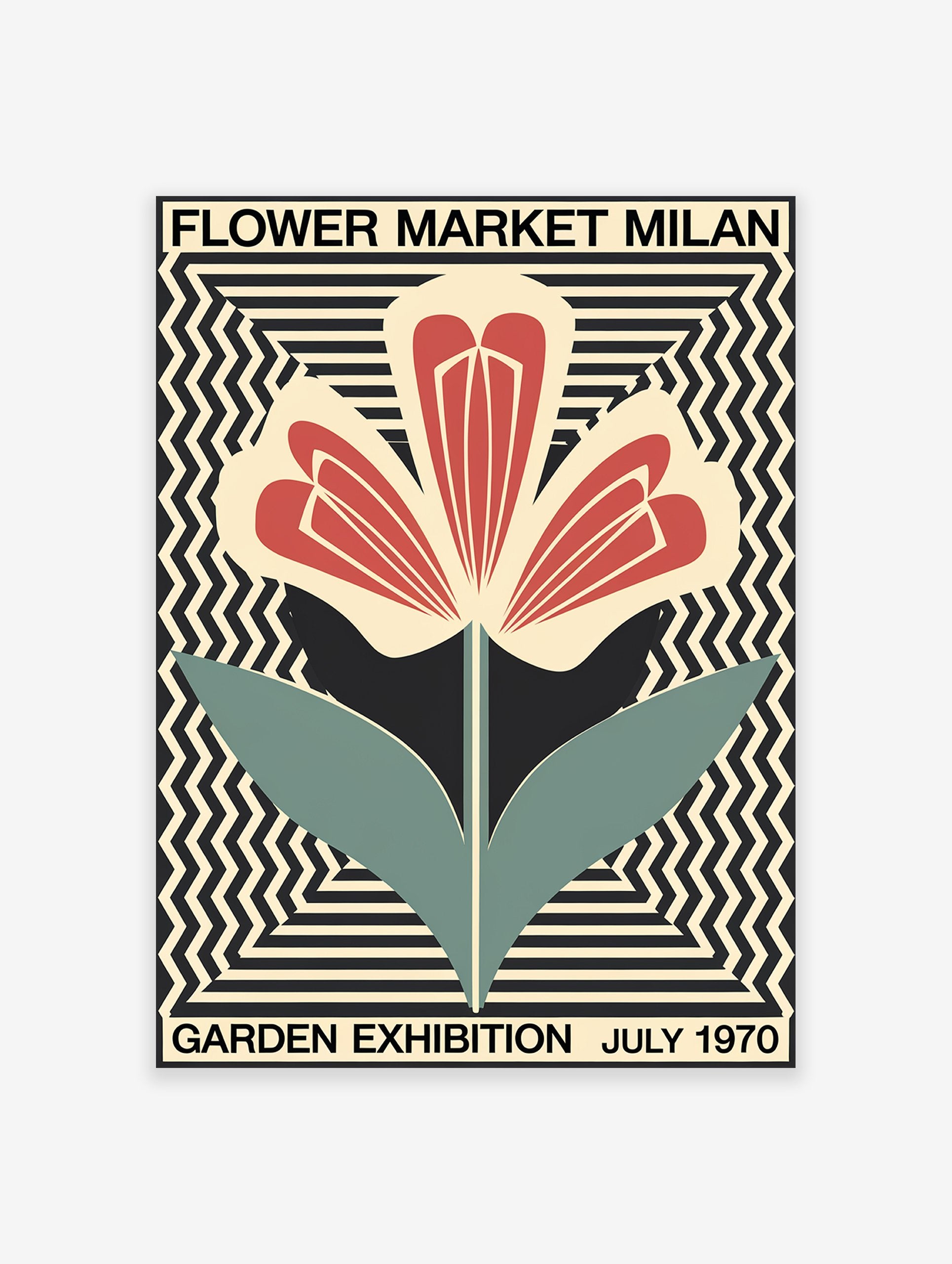 Milan Flower Market poster featuring a stylized red, black, and teal flower on a cream and black geometric background.