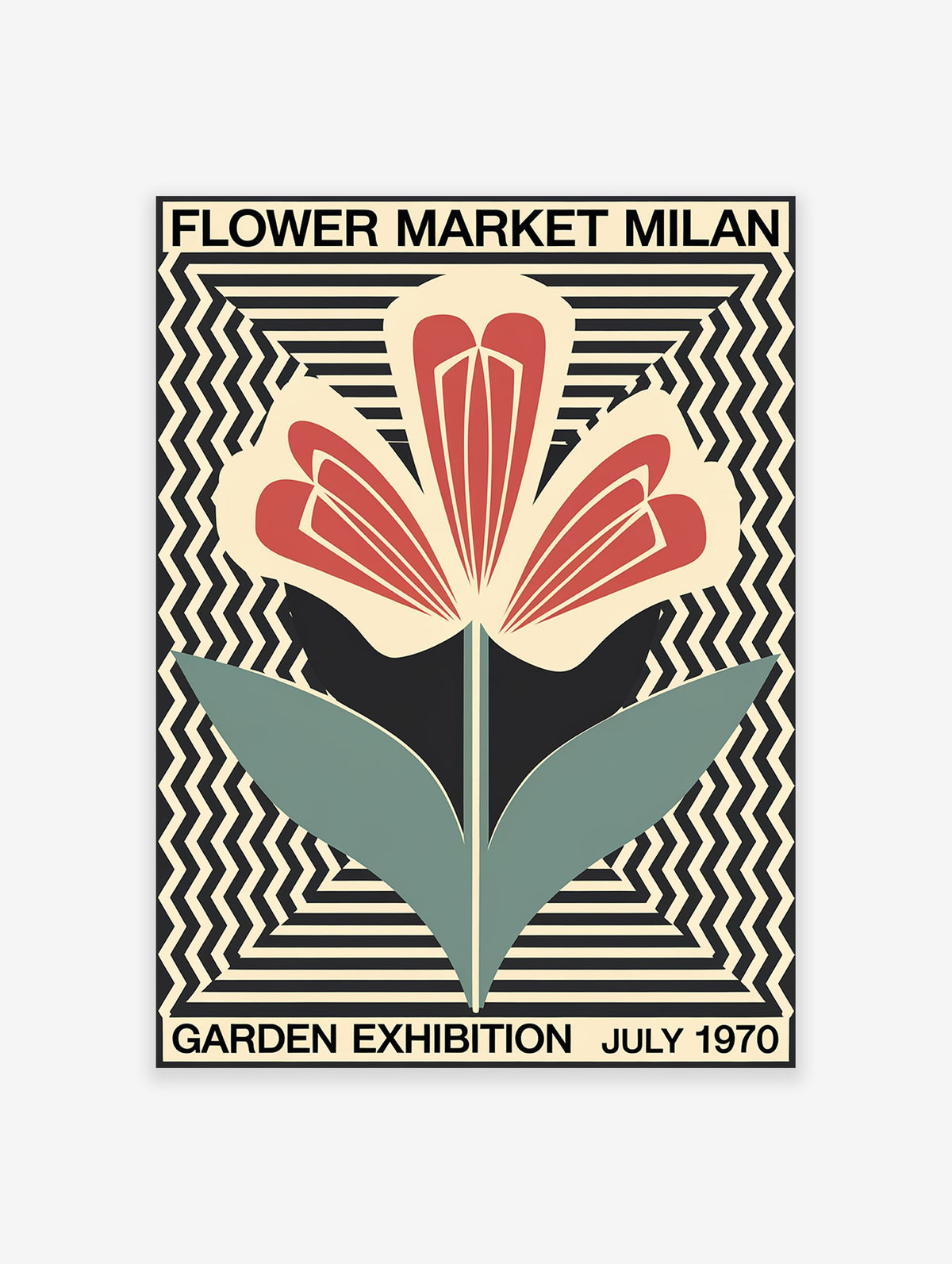 Milan Flower Market poster featuring a stylized red, black, and teal flower on a cream and black geometric background.