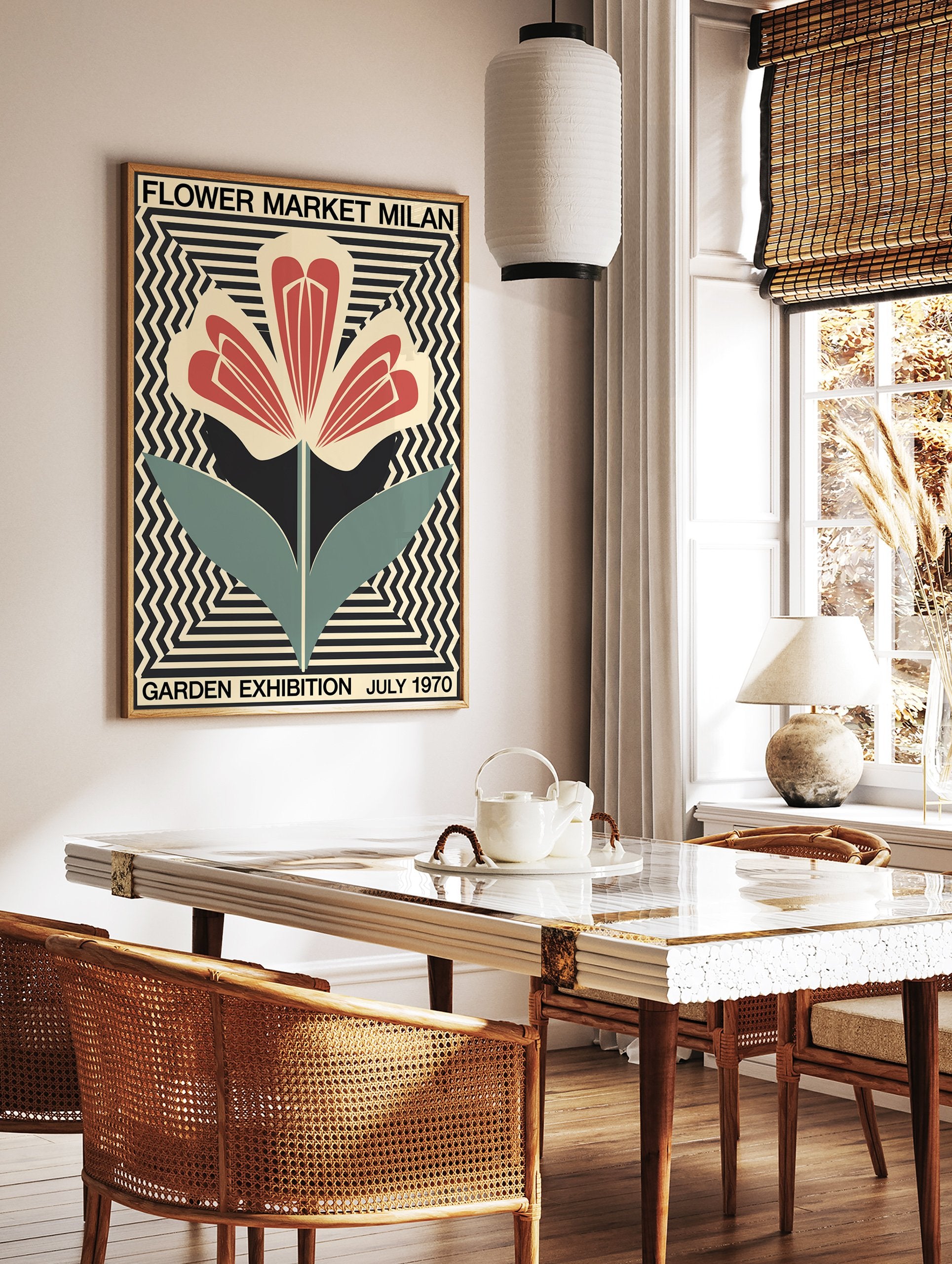 Milan Flower Market poster featuring a stylized red, black, and teal flower on a cream and black geometric background. - Image 2