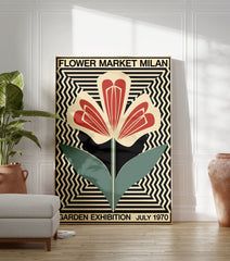 Milan Flower Market poster featuring a stylized red, black, and teal flower on a cream and black geometric background. - Image 3