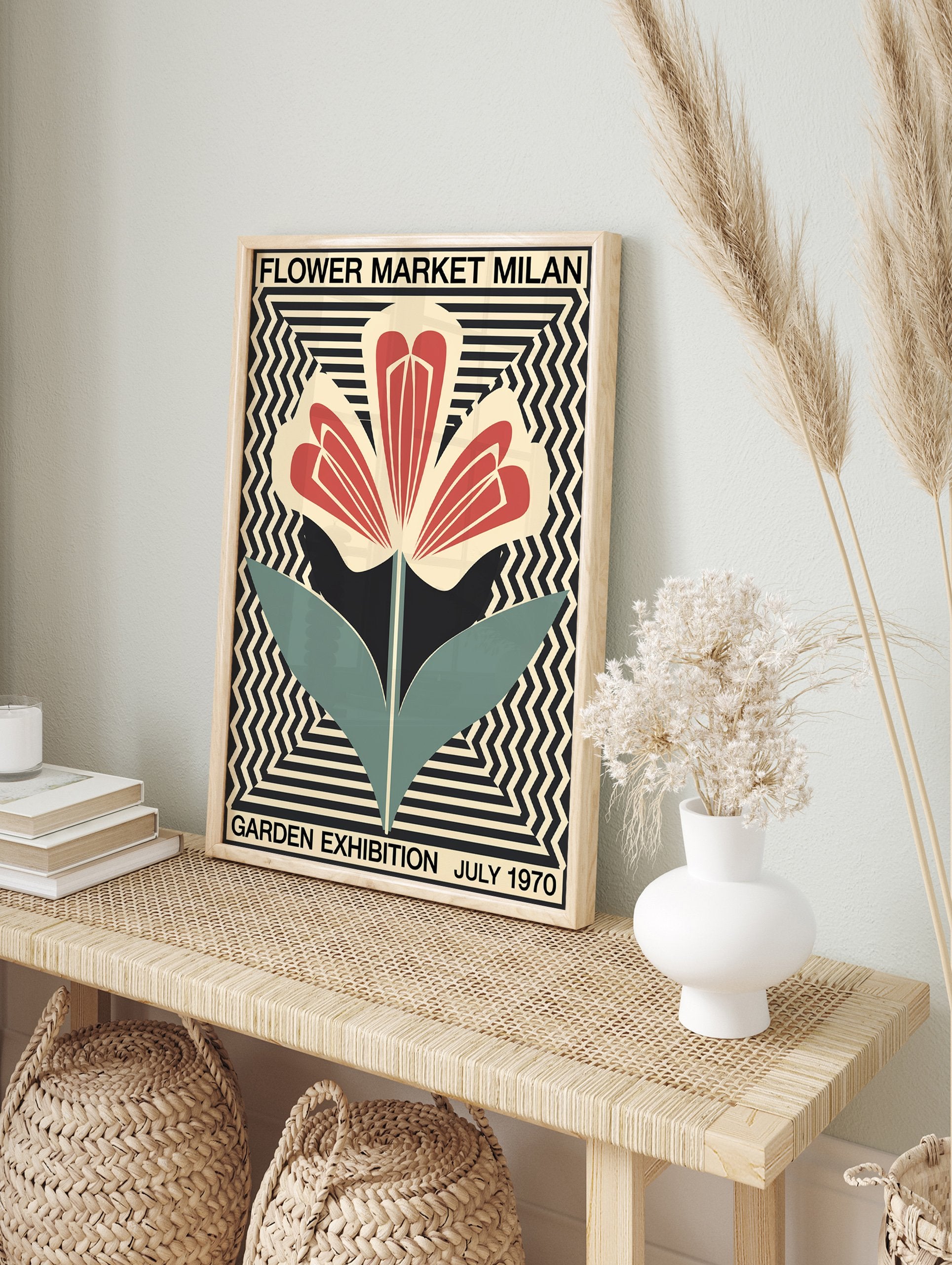Milan Flower Market poster featuring a stylized red, black, and teal flower on a cream and black geometric background. - Image 4