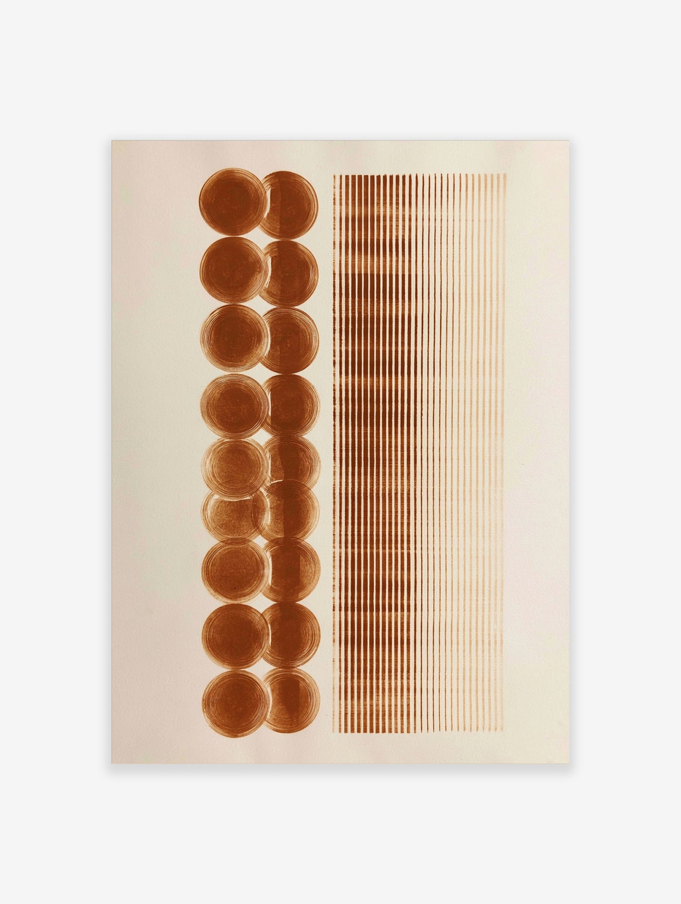 Minimalist abstract wall art with stacked brown circles and vertical lines on a white background