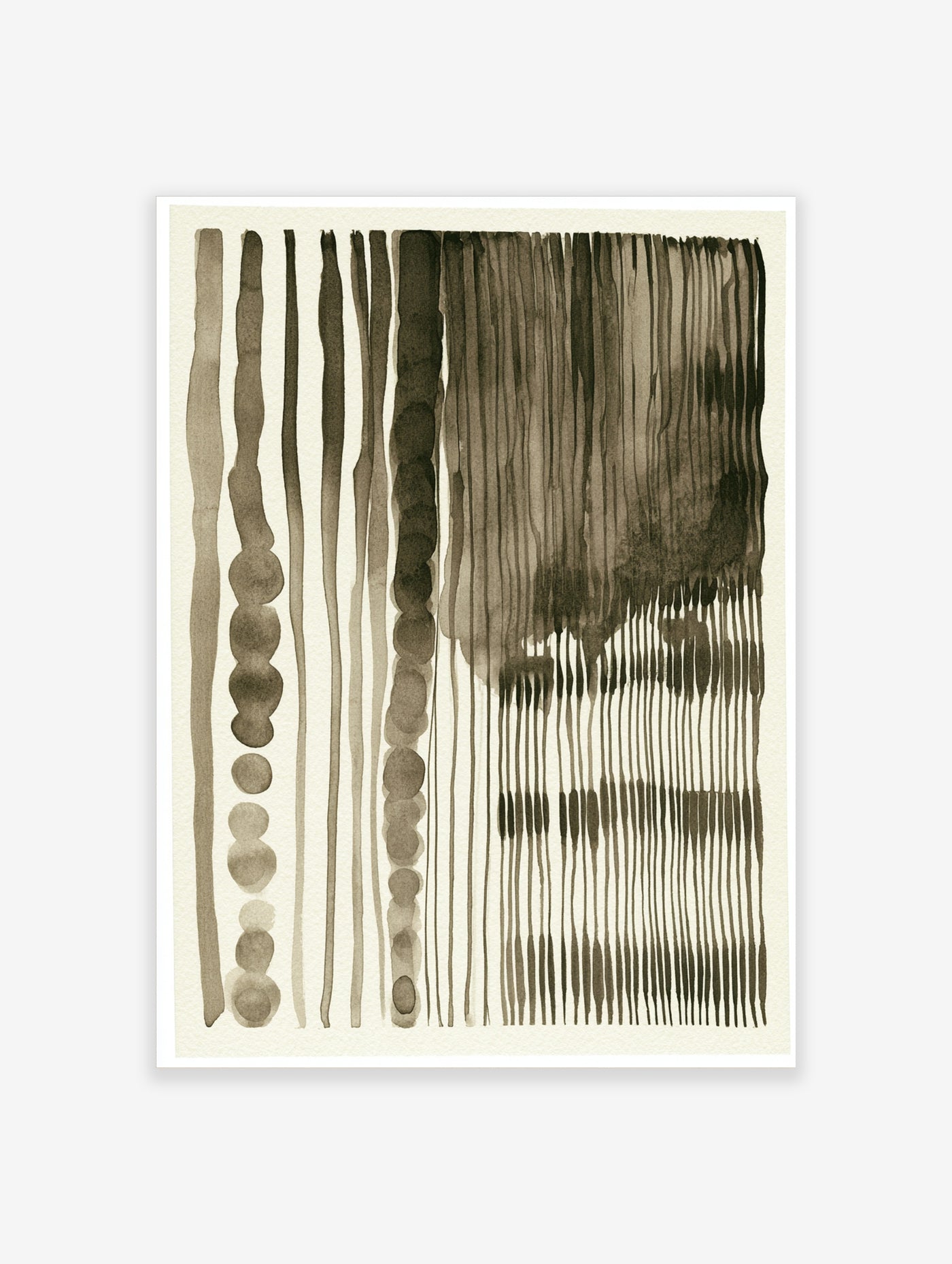 Minimalist abstract wall art with vertical lines and dotted segments in sepia tones on a cream background