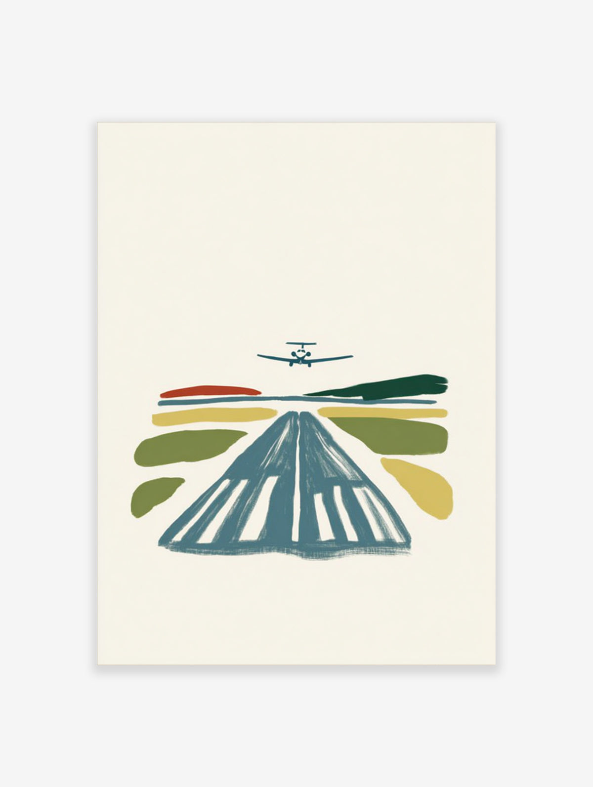 Minimalist aeroplane poster with small plane above striped runway and green, red, ochre fields