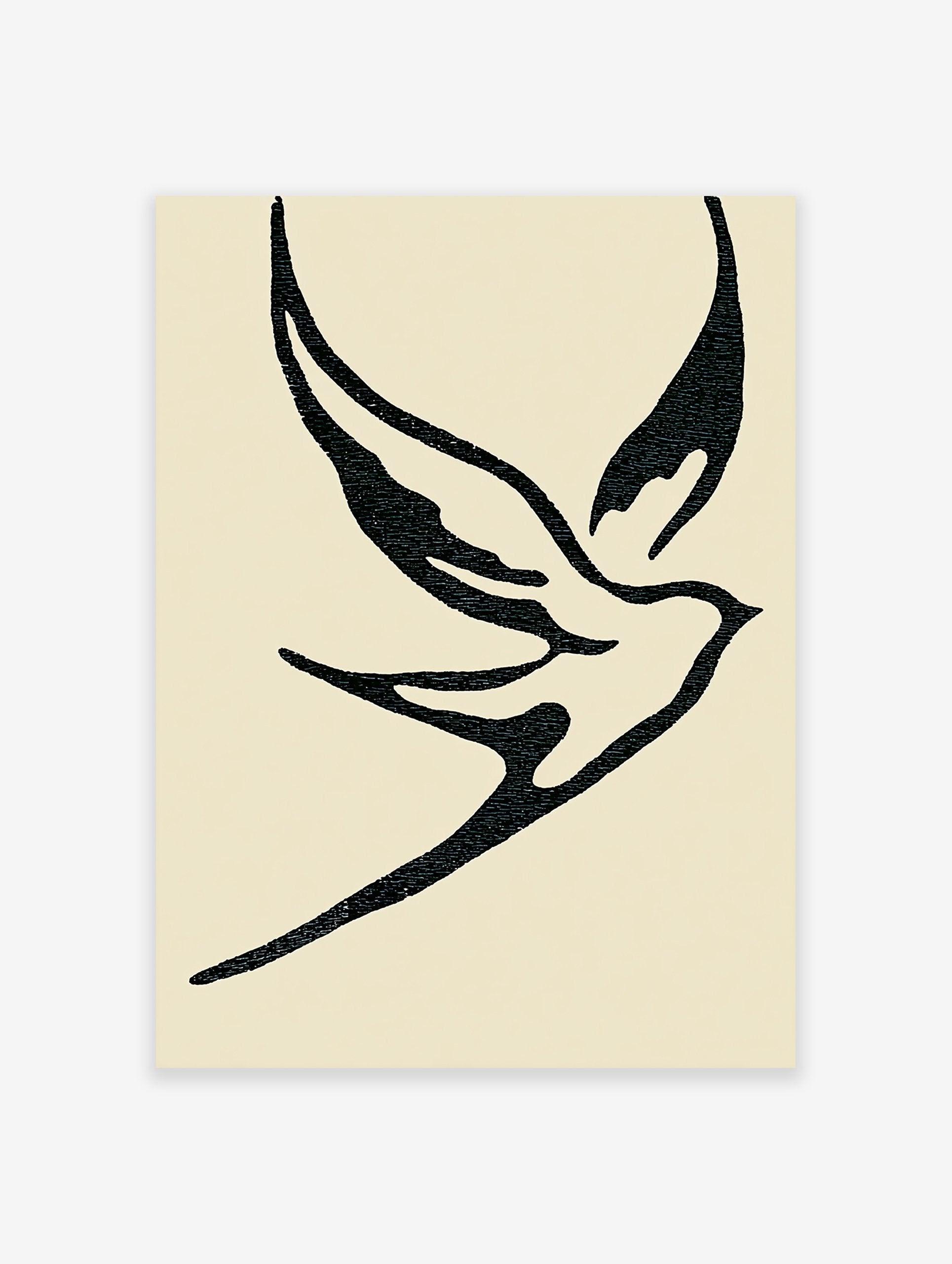 Minimalist black and white bird illustration wall art print featuring an abstract dove on a light cream background.