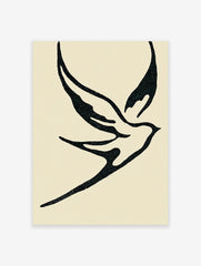 Minimalist black and white bird illustration wall art print featuring an abstract dove on a light cream background.