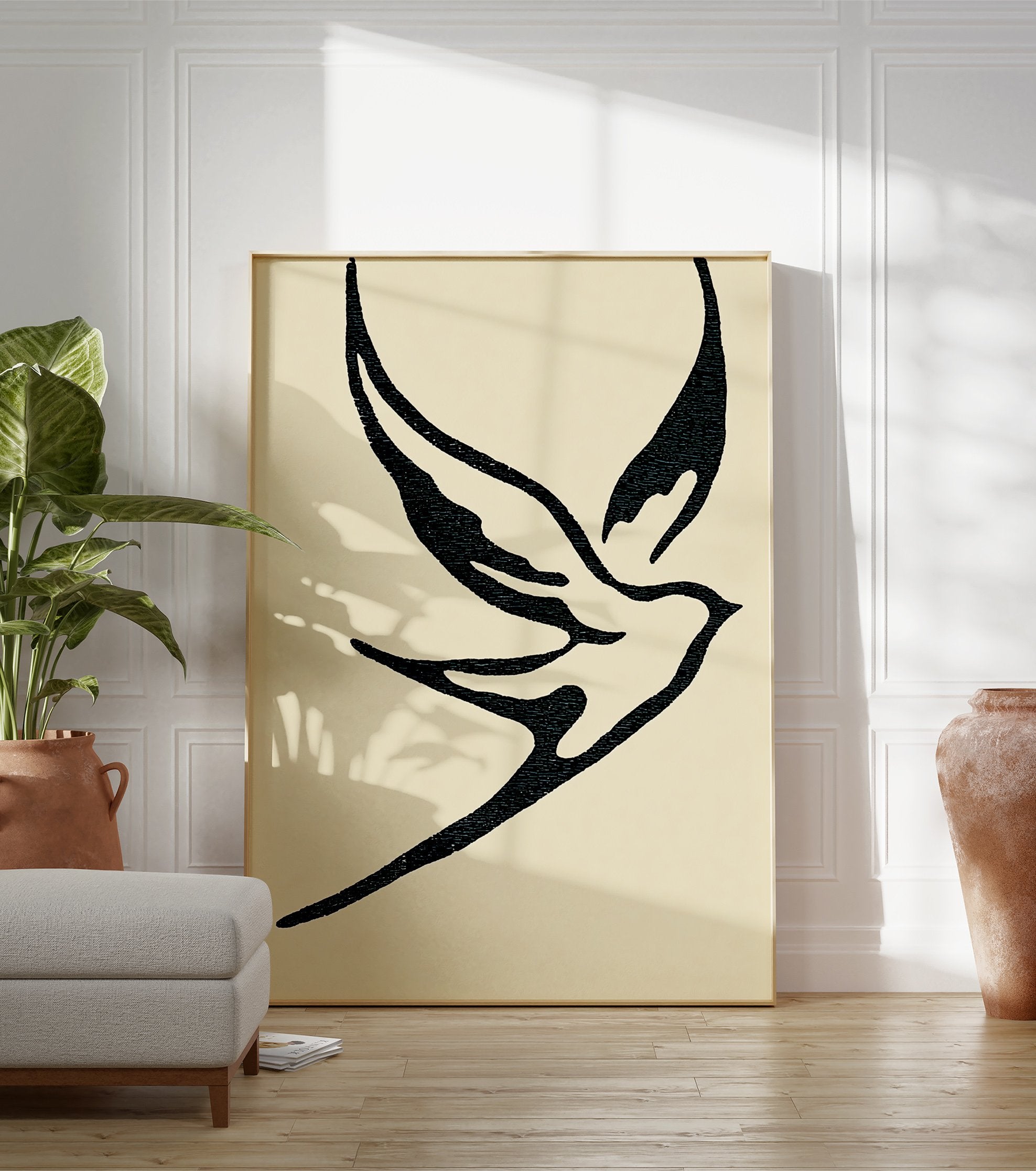 Minimalist black and white bird illustration wall art print featuring an abstract dove on a light cream background. - Image 3